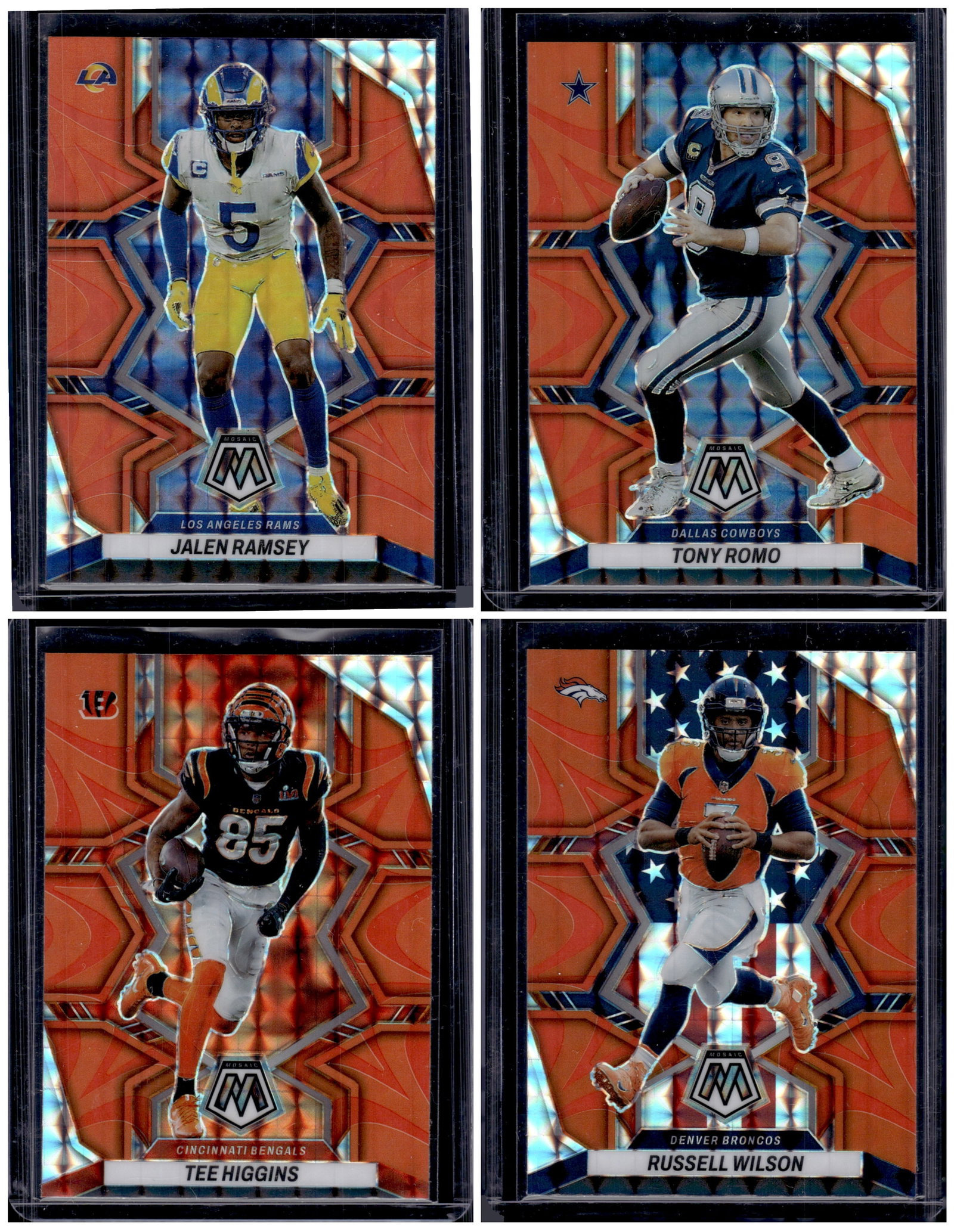 Lot of 4 2022 Mosaic NFL Orange Reactive Prizms. Ramsey, Romo, Higgins, Wilson (1 of 1)