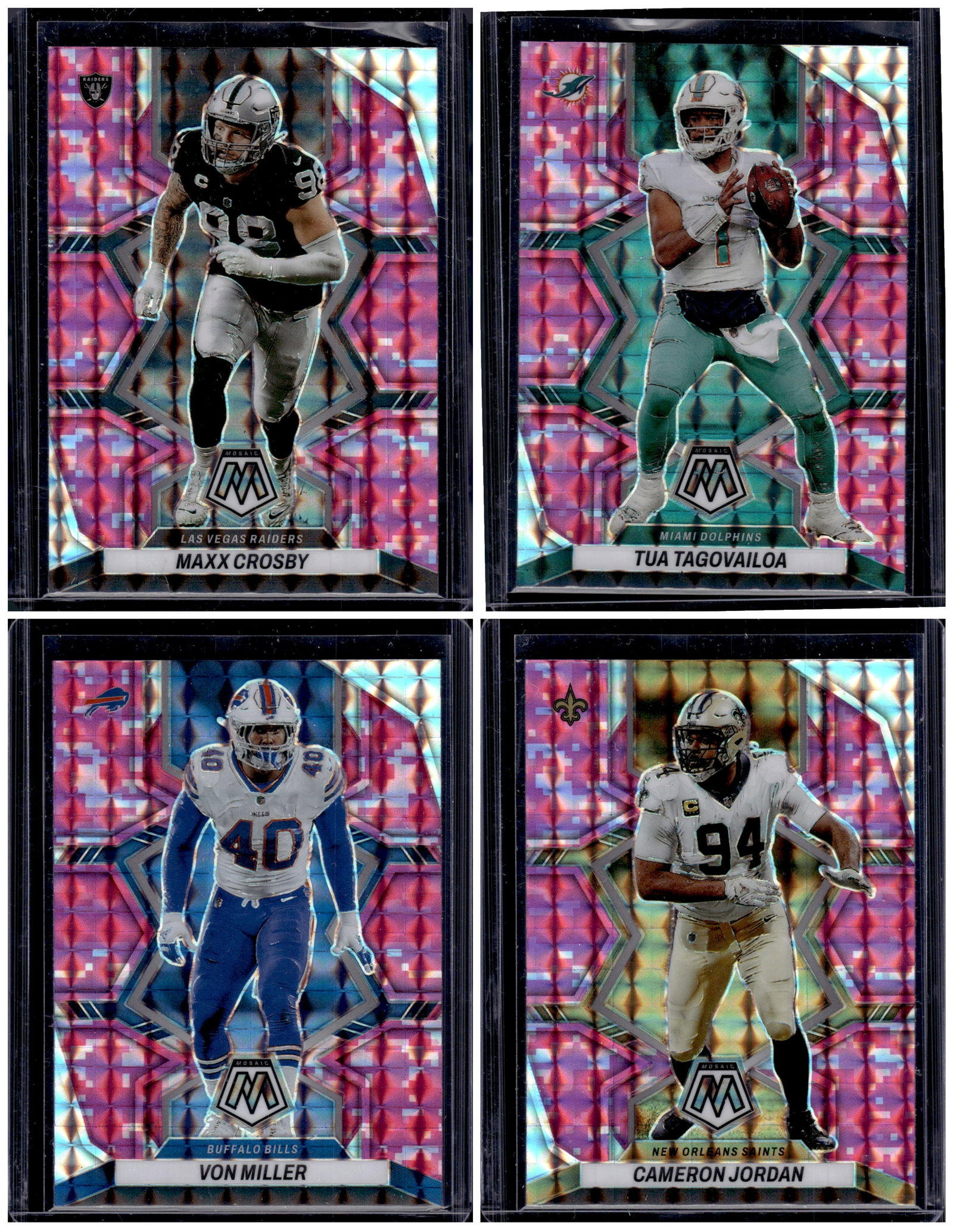 Lot of 4 2022 Mosaic NFL Pink Camo Prizms. Maxx Crosby, Tagovailoa, Von Miller, Jordan: Panini Select, Prizm, Mosaic, Contenders, Zenith, Phoenix, Illusions, Absolute, Rookie NFL Sports Trading Cards, SP, SSP, Cards, Football Cards for Sale Near Me, Superbowl & Hall of Fame Player Cards,
