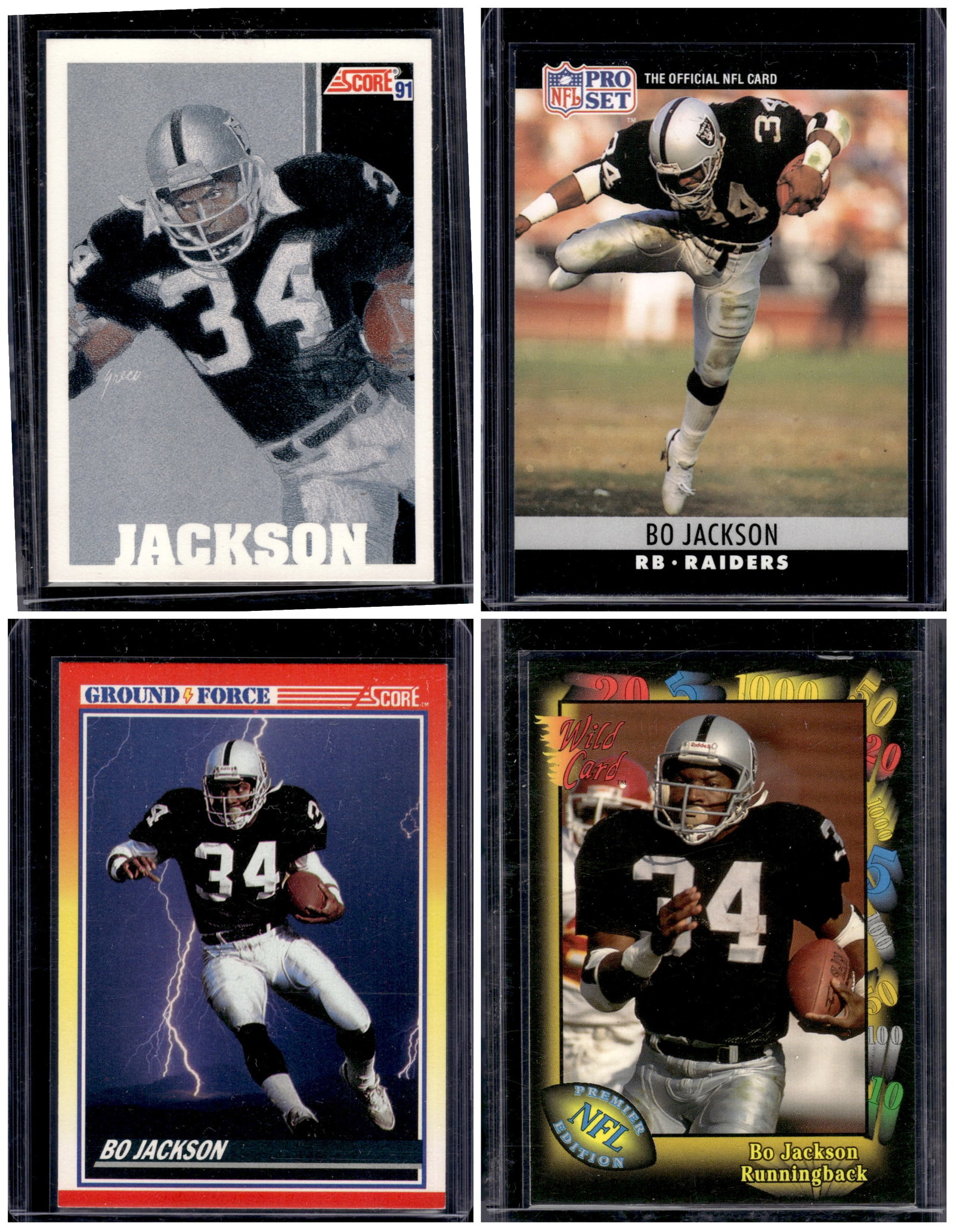 Lot of 4 Early 1990s Bo Jackson Football Cards. All Different: Lot of 4 Early 1990s Bo Jackson Football Cards. All Different