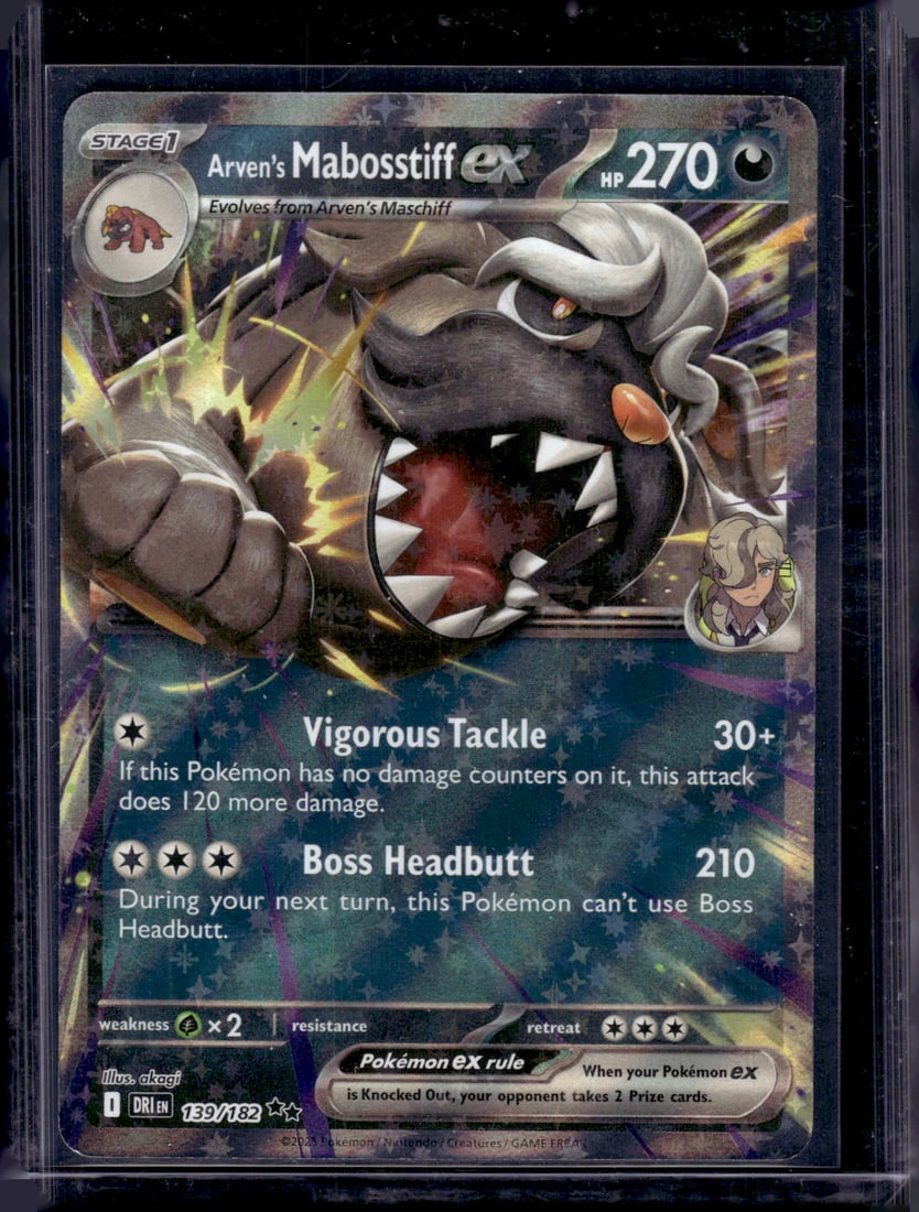 2025 Pokemon Destined Rivals Arven's Mabosstiff Ex #139: Pokemon Trading Card Game Cards, Charizard, Pikachu, Mewtwo, Reverse Holo, Holo Rare, Secret Rare Cards, Full Art Cards, Eevee, Ultra Rare Card, Illustration Rare, Special Illustration Rare SIR