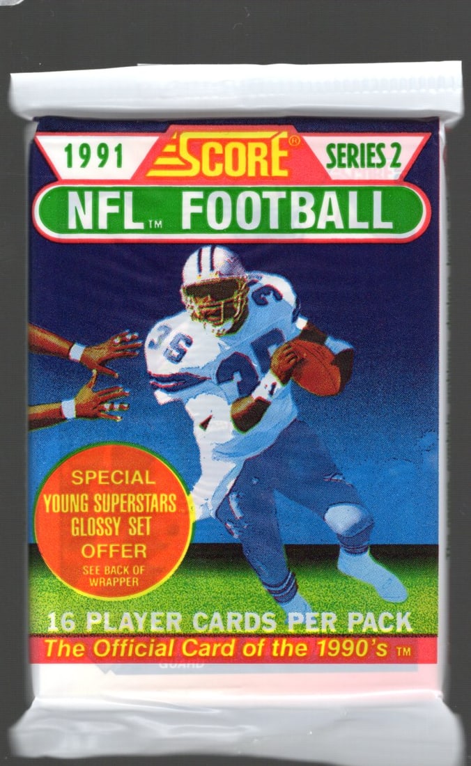 1991 Score Series 2 Vintage Football Card Retail Box Pack Sports Cards Brett Favre Rookie Card: Score Vintage Football Rookie NFL Trading & Sports Cards, Brett Favre Rookie Card, Emmitt Smith, Bo Jackson, Barry Sanders, Joe Montana, Jerry Rice, Old Sports Cards for Sale Near Me, Super Bowl & Hal