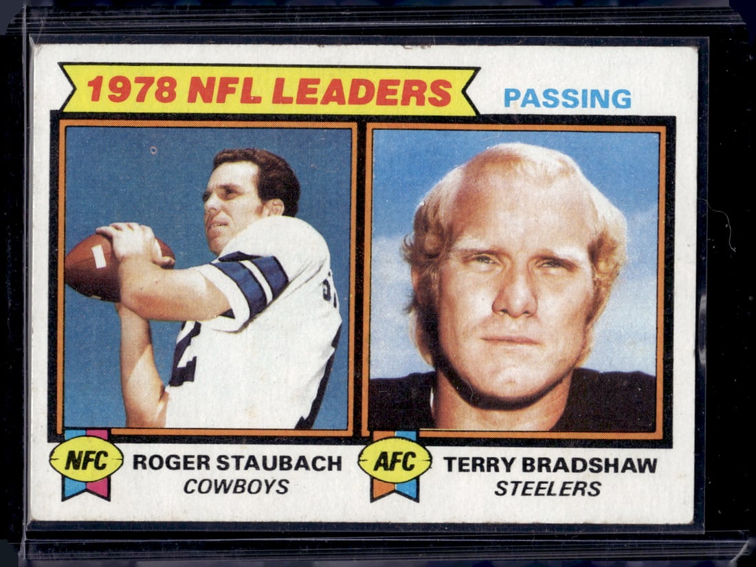 Roger Staubach/Terry Bradshaw 1978 Passing Leaders 1979 Topps #1: Topps Football NFL Trading Sports Cards, Sports Cards for Sale Near Me, Super Bowl & Hall of Fame Player Cards, Resurgence, Composite, SP, SSP, Valuable Auction Memorabilia Lots For Sale On Line