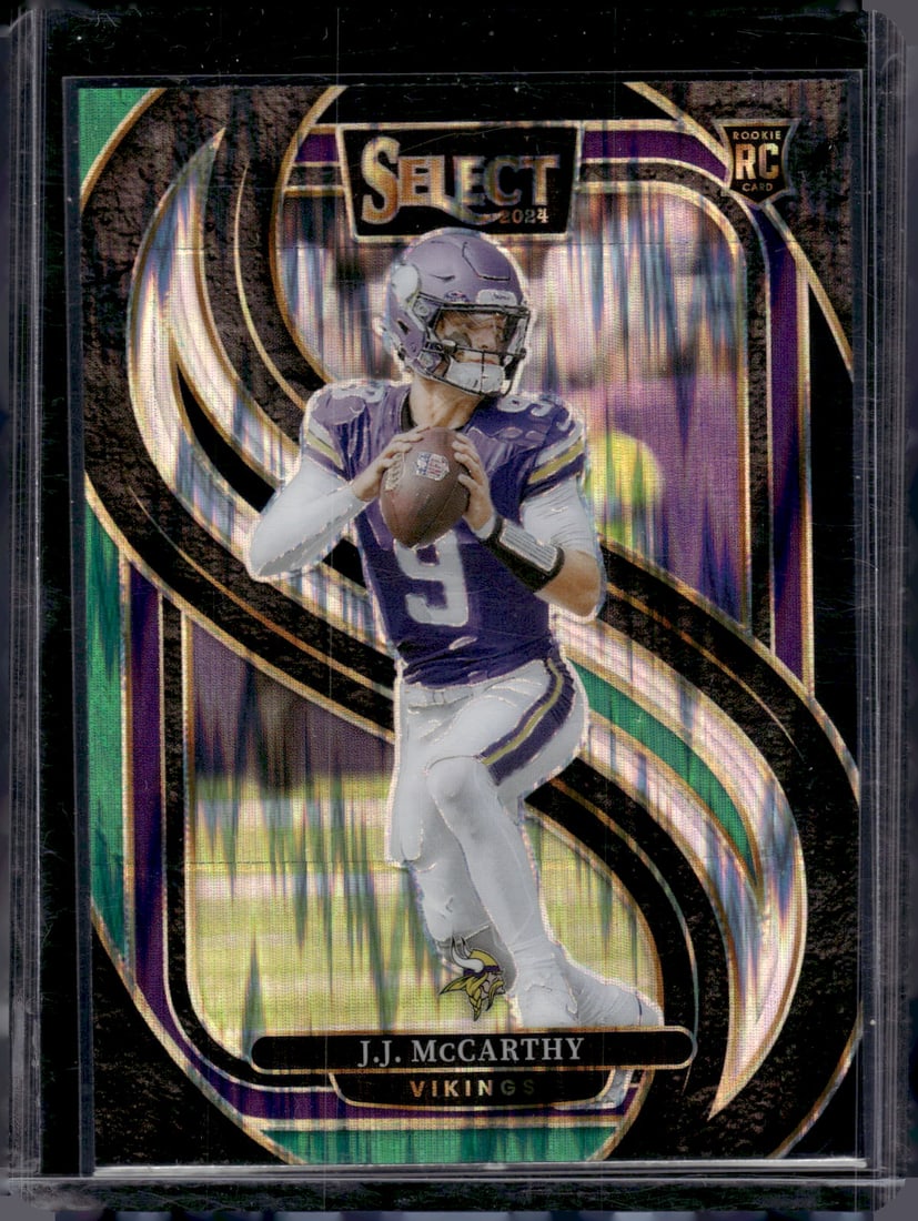 JJ McCarthy Rookie Card Green/Black Shock Prizm 2024 Panini Select #134 Vikings: Panini Select, Prizm, Mosaic, Contenders, Zenith, Phoenix, Illusions, Absolute, Rookie NFL Sports Trading Cards, SP, SSP, Cards, Football Cards for Sale Near Me, Superbowl & Hall of Fame Player Cards,