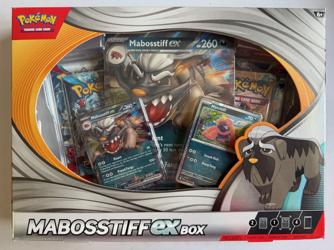 2025 Pokemon Mabosstiff ex Box: 4 Booster Packs , 1 Foil Mabosstiff Promo ex, 1 Foil Maschiff, 1 (1 of 1)