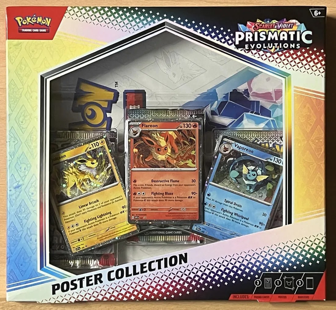 2025 Pokemon Scarlet & Violet Prismatic Evolutions Poster Collection: Pokemon Trading Card Game Cards, Charizard, Pikachu, Mewto, EX, Referse Holo, Holo Rare Cards, Secret Rare Cards, Full Art Cards, Evee, 3 Stars Ultra Rare Cards, Double Rare, Illustration Rare, Specia