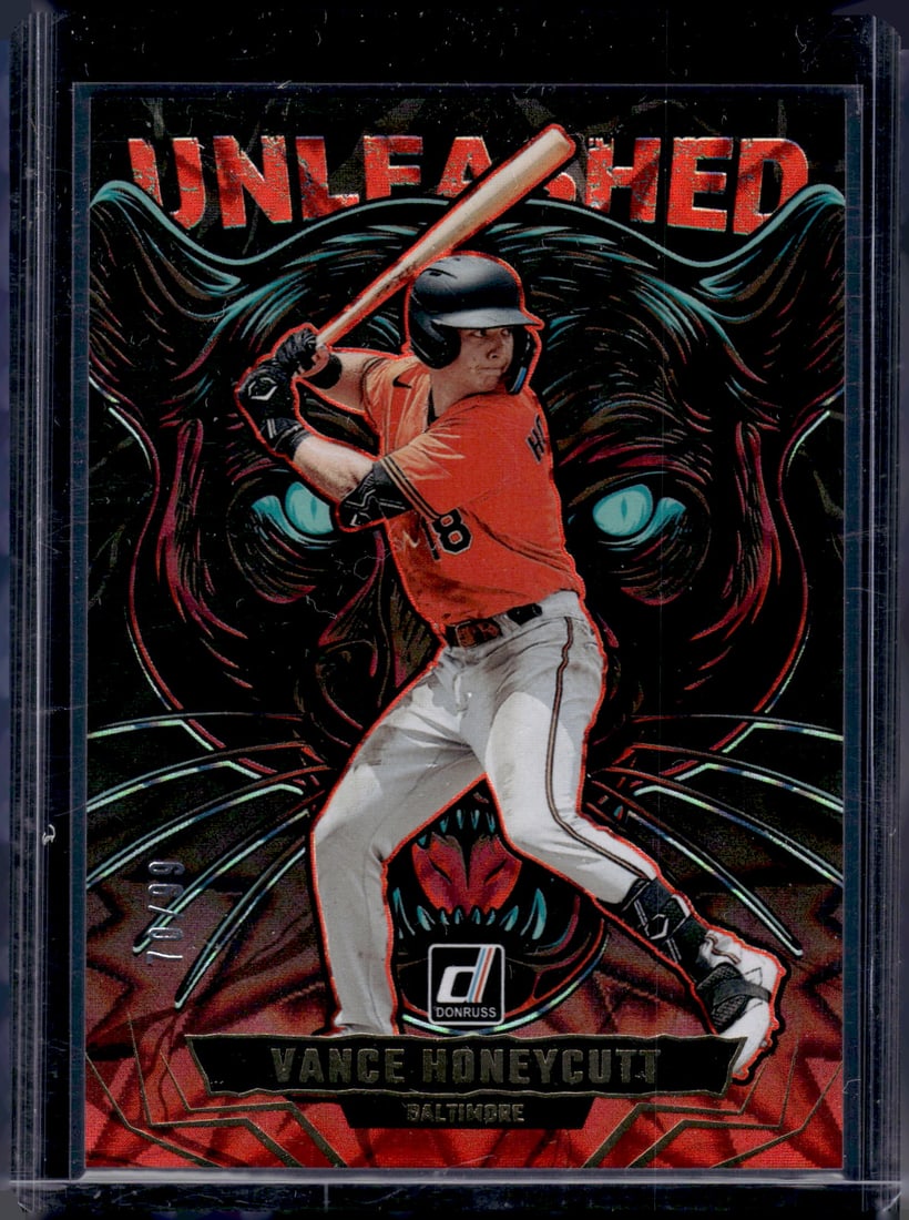 Vance Honeycutt Unleashed Red /99 2025 Panini Donruss #1 Baltimore Orioles: Donruss Baseball MLB Trading & Sports Cards, Sports Cards for Sale Near Me, Prizm, Mosaic, Select, SP, SSP, Auction Memorabilia Lots for Sale On Line, World Series & Hall of Fame Players, Diamond King