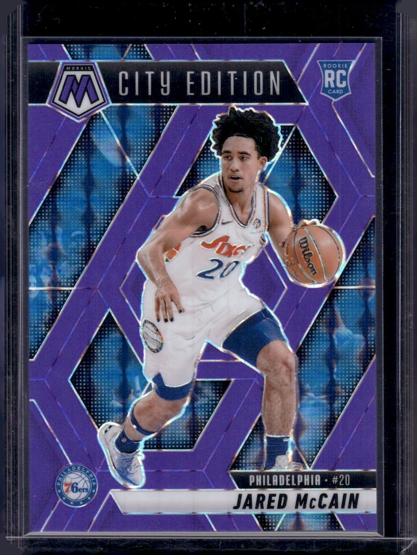 Jared McCain Rookie Card Purple Fluorescent /249 2024-25 Panini Mosaic #277 76ers: Panini Select, Prizm, Mosaic, Contenders, Revolution, Phoenix, NBA Hoops, Rookie NFL Sports Trading Cards, Silver, SP, SSP, Wave Prizms, Numbered Cards, Basketball sports Cards for Sale Near Me, NBA C