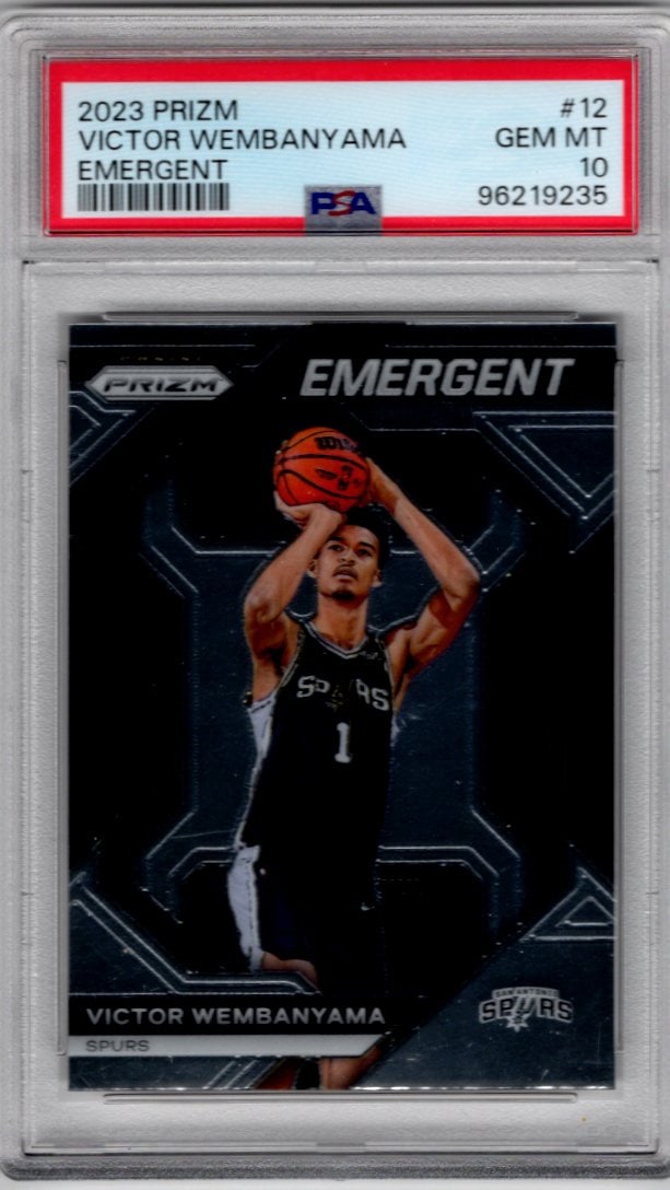 Victor Wembanyama Rookie Card Emergent 2023-24 Panini Prizm #12 PSA 10: Panini Select, Prizm, Mosaic, Contenders, Revolution, Phoenix, NBA Hoops, Rookie NFL Sports Trading Cards, Silver, SP, SSP, Wave Prizms, Numbered Cards, Basketball sports Cards for Sale Near Me, NBA C
