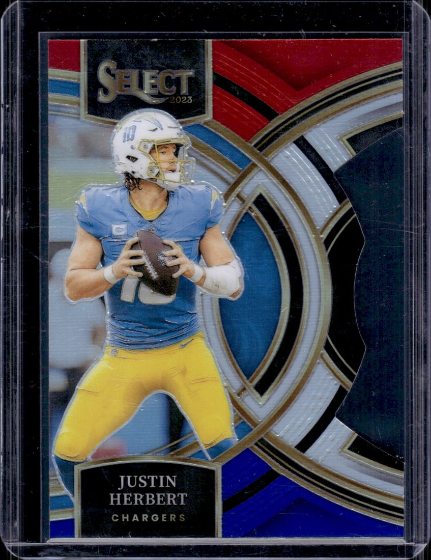 Justin Herbert Red/Blue Prizm Die Cut 2023 Panini Select #136 Los Angeles Chargers: Panini Select, Prizm, Mosaic, Contenders, Zenith, Phoenix, Illusions, Absolute, Rookie NFL Sports Trading Cards, SP, SSP, Cards, Football Cards for Sale Near Me, Superbowl & Hall of Fame Player Cards,