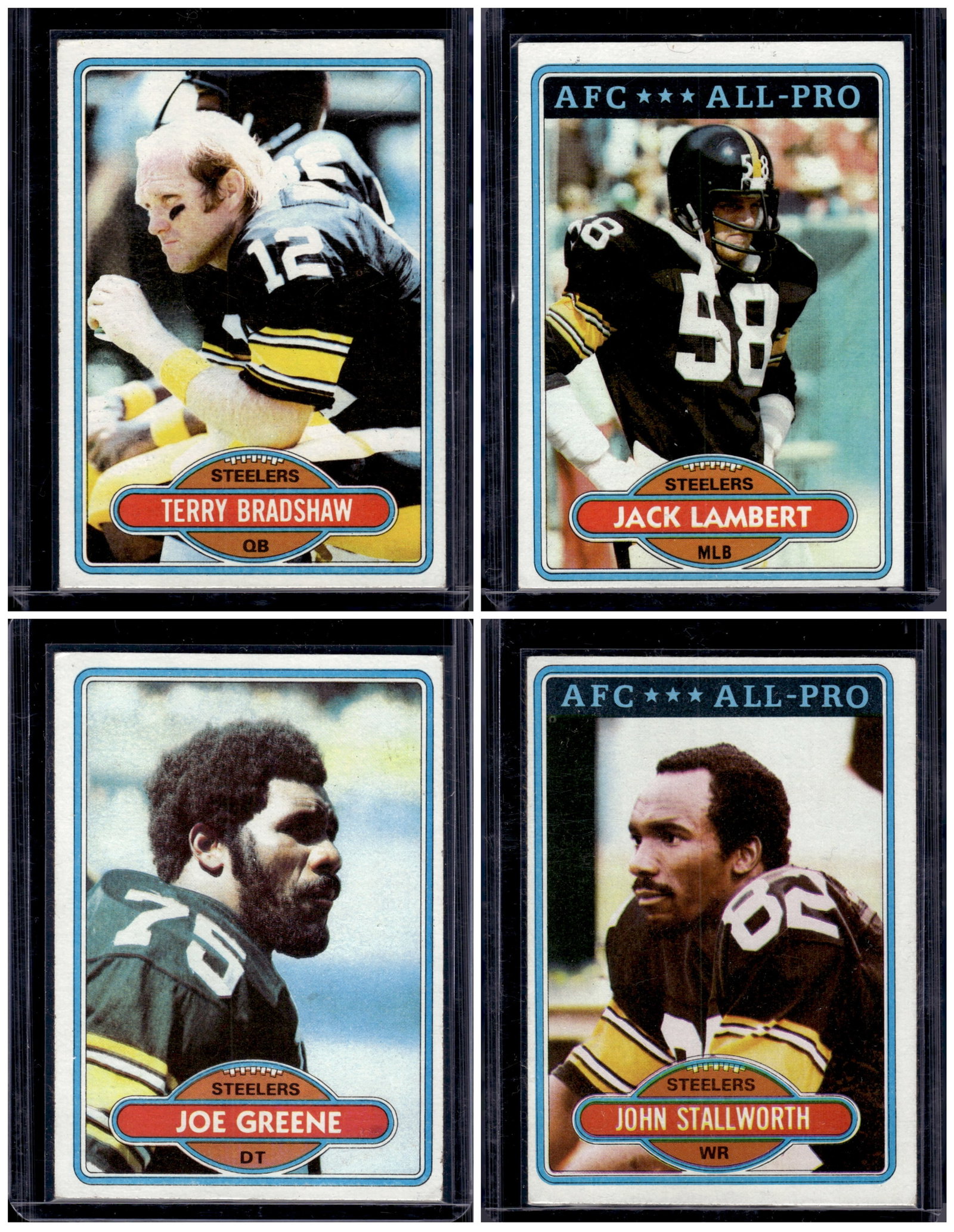 Lot of 4 1980 Topps Football Pittsburgh Steelers. Bradshaw, Lambert, Joe Greene, Stallworth: Topps Football NFL Trading Sports Cards, Sports Cards for Sale Near Me, Super Bowl & Hall of Fame Player Cards, Resurgence, Composite, SP, SSP, Valuable Auction Memorabilia Lots For Sale On Line