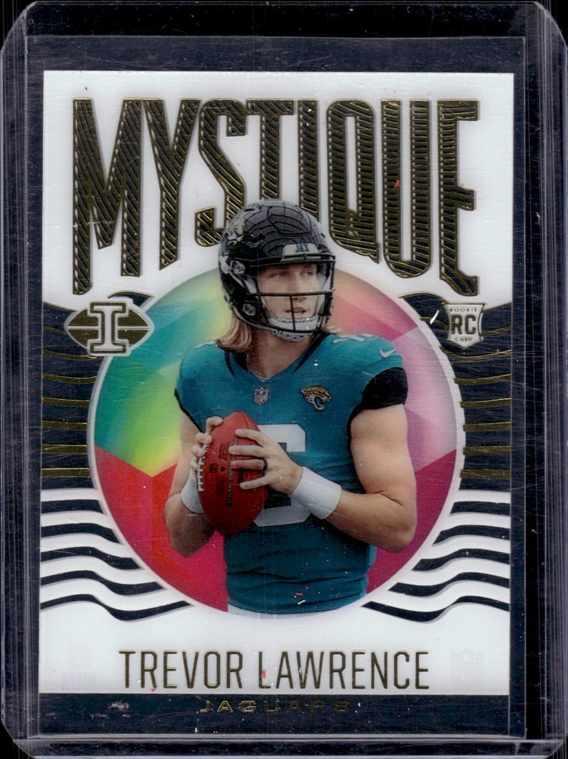 Trevor Lawrence Rookie Card Mystique 2021 Panini Illusions #MY-1 Jaguars: Panini Select, Prizm, Mosaic, Contenders, Zenith, Phoenix, Illusions, Absolute, Rookie NFL Sports Trading Cards, SP, SSP, Cards, Football Cards for Sale Near Me, Superbowl & Hall of Fame Player Cards,