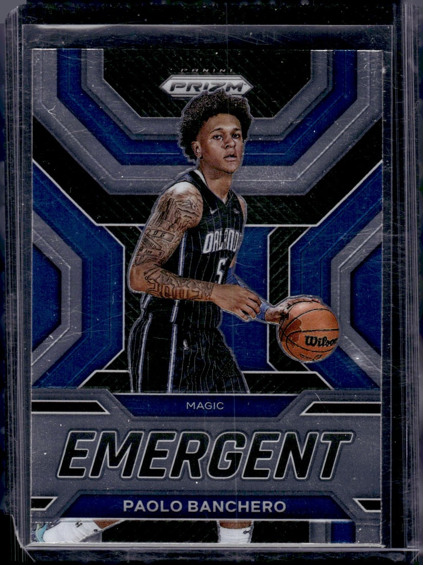 Paolo Banchero Rookie Card Emergent 2022-23 Panini Prizm #25 Orlando Magic: Panini Select, Prizm, Mosaic, Contenders, Revolution, Phoenix, NBA Hoops, Rookie NFL Sports Trading Cards, Silver, SP, SSP, Wave Prizms, Numbered Cards, Basketball sports Cards for Sale Near Me, NBA C