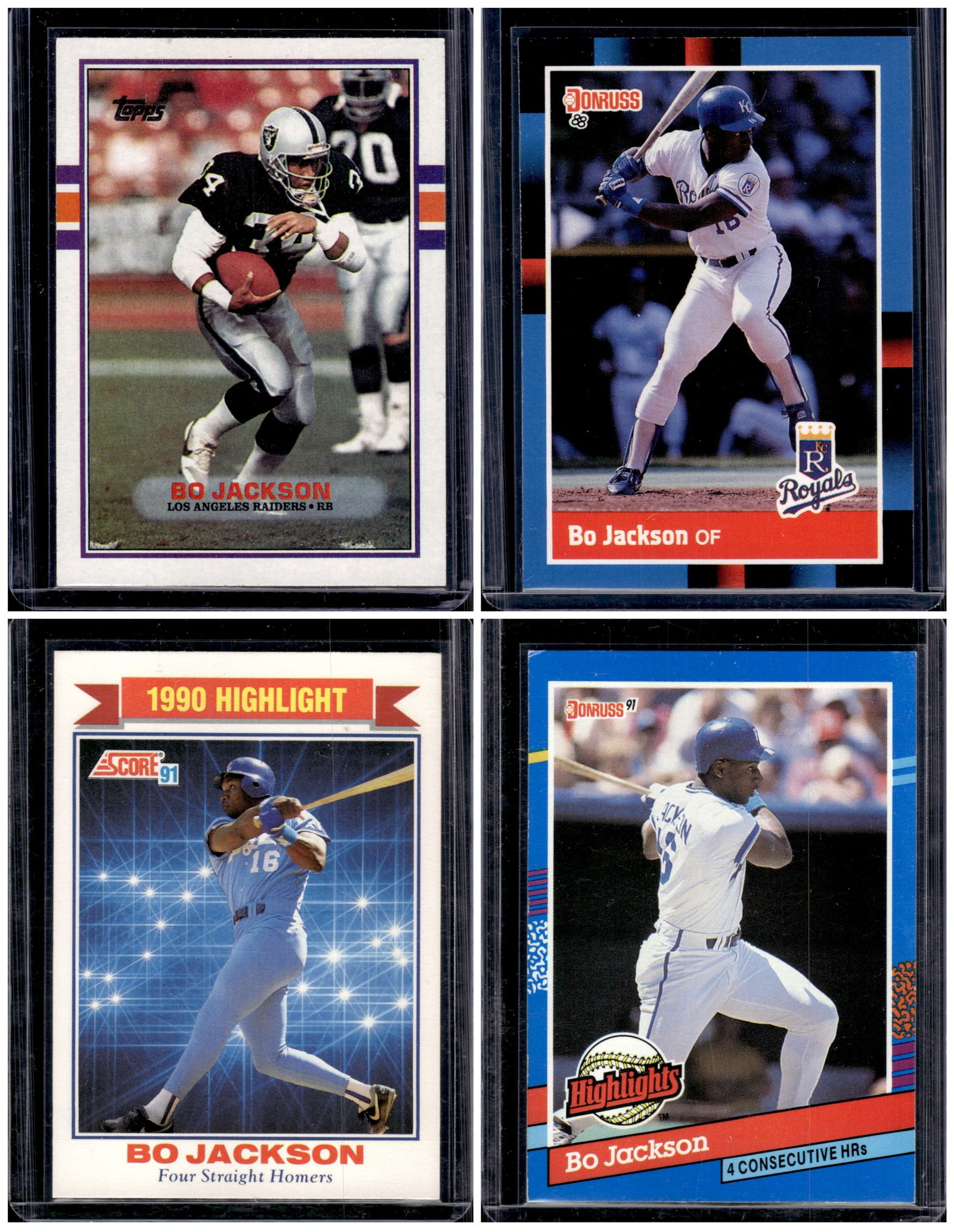 Lot of 4 Late 80s & Early 90s Bo Jackson Football & Baseball Cards (1 of 2)