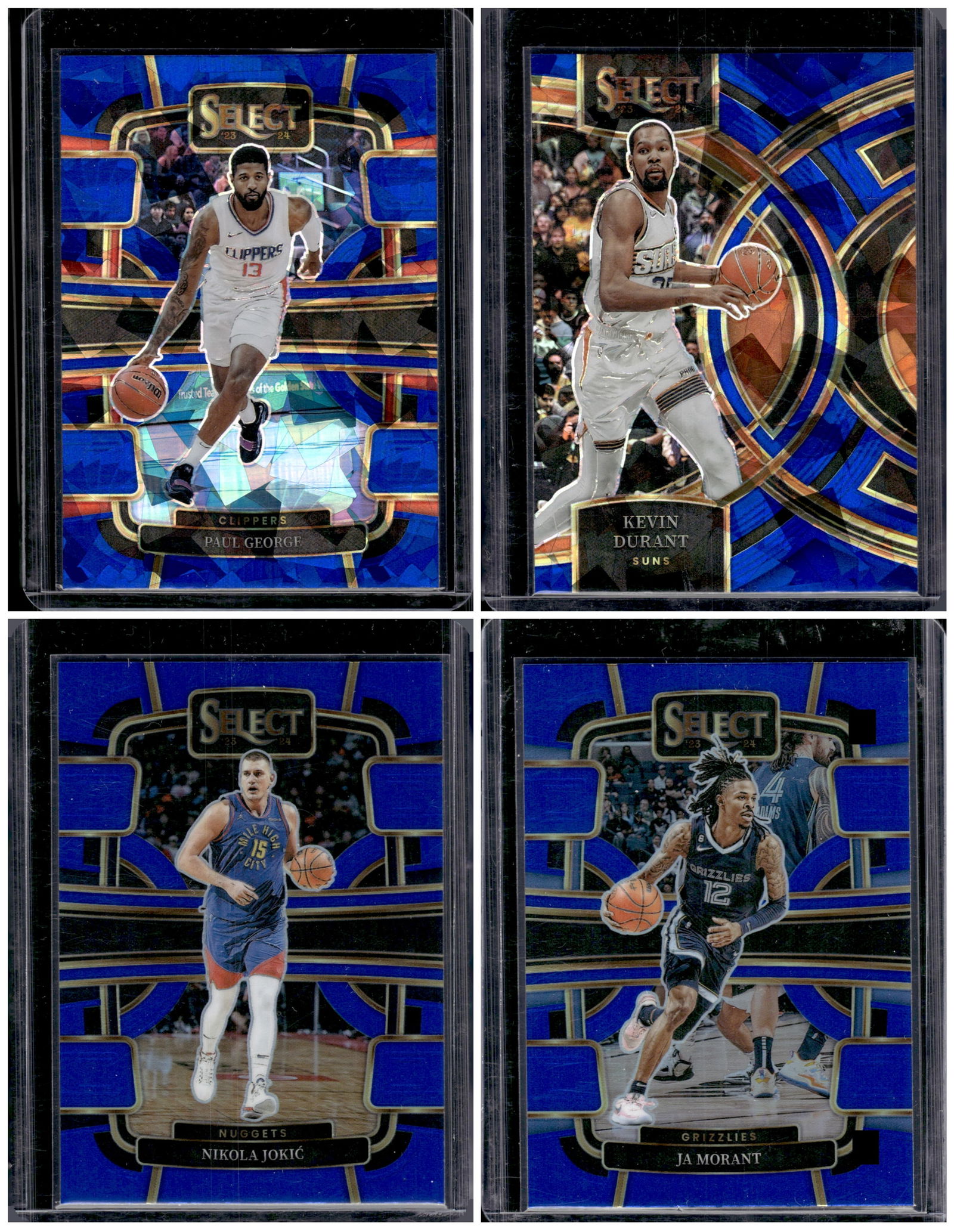 Lot of 4 2023-24 Panini Select NBA Blue Cracked Ices & Prizms. Jokic, George, Morant, Durant (1 of 1)