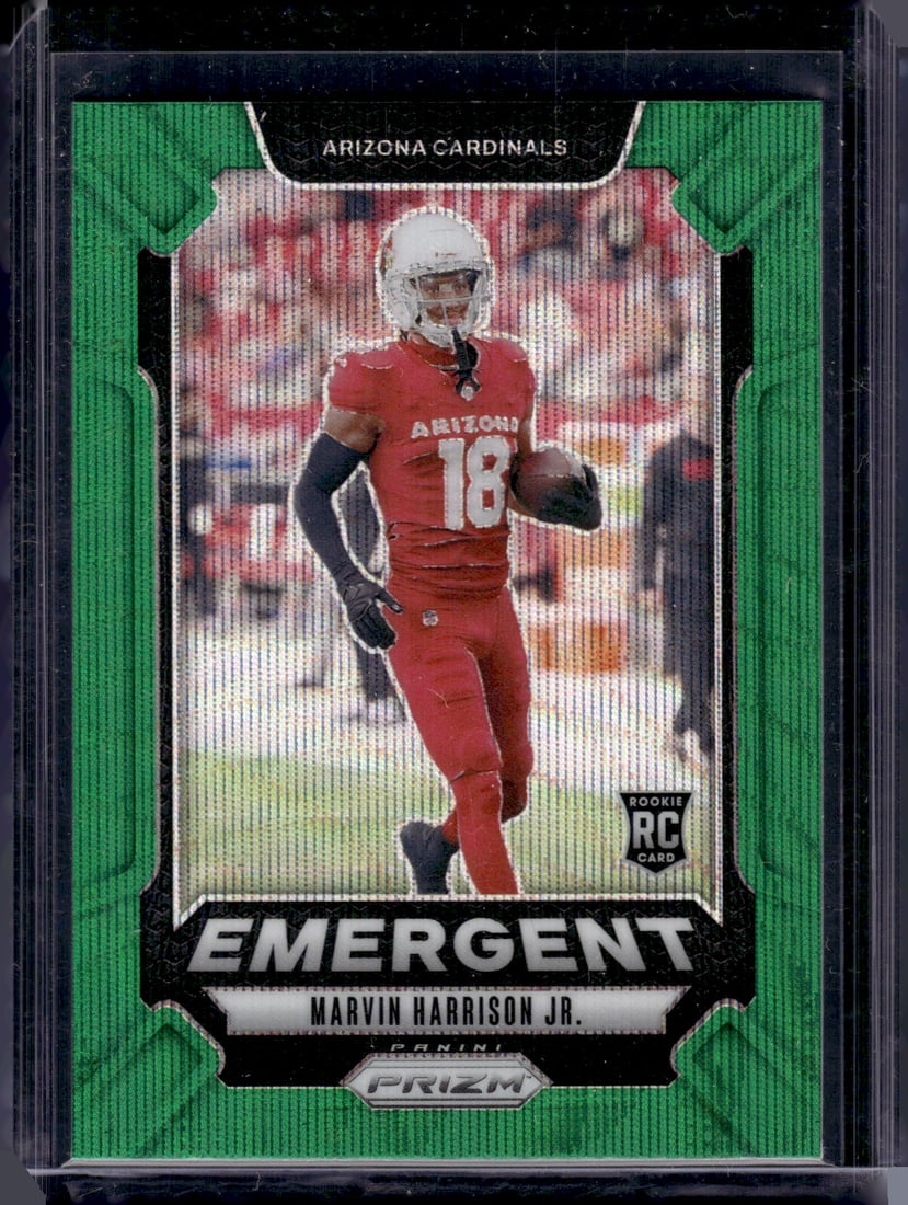 Marvin Harrison Jr. Rookie Card Emergent Green Wave Prizm 2024 Prizm #5 Cardinals: Panini Select, Prizm, Mosaic, Contenders, Zenith, Phoenix, Illusions, Absolute, Rookie NFL Sports Trading Cards, SP, SSP, Cards, Football Cards for Sale Near Me, Superbowl & Hall of Fame Player Cards,