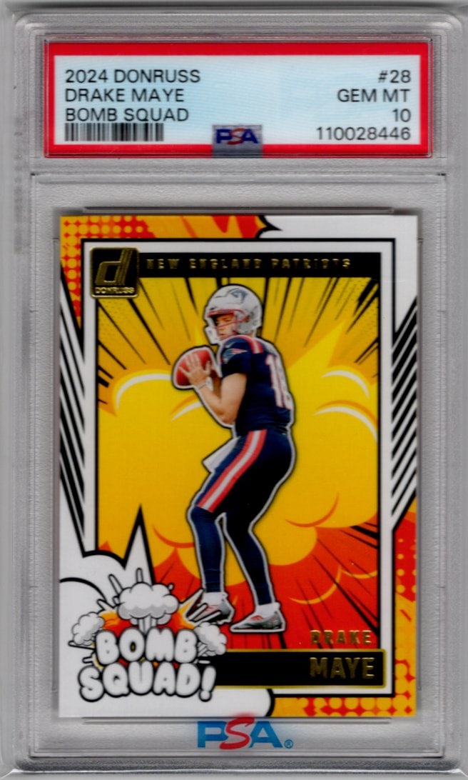 Drake Maye Rookie Card Bomb Squad 2024 Panini Donruss #28 PSA 10 Patriots: Panini Select, Prizm, Mosaic, Contenders, Zenith, Phoenix, Illusions, Absolute, Rookie NFL Sports Trading Cards, SP, SSP, Cards, Football Cards for Sale Near Me, Superbowl & Hall of Fame Player Cards,
