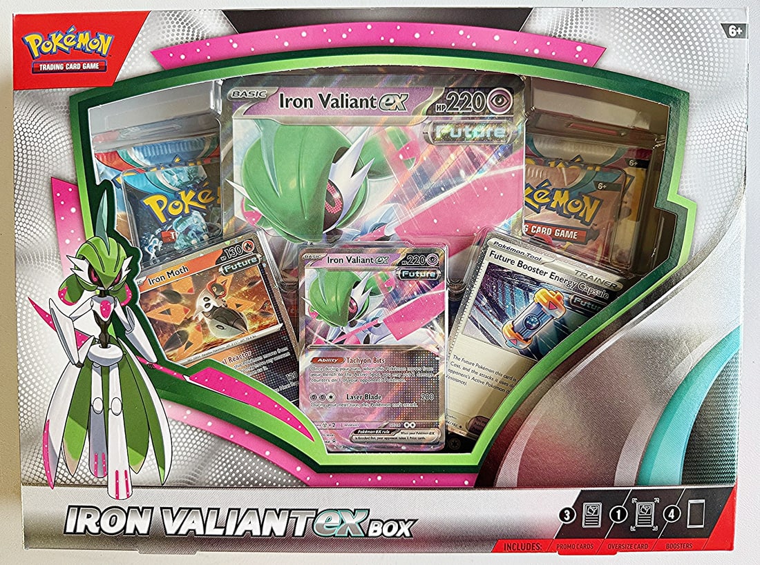 2025 Pokemon Iron Valiant ex Box: 4 Booster Packs , 1 Foil Iron Valiant Promo ex, 1 Foil Iron Moth (1 of 2)
