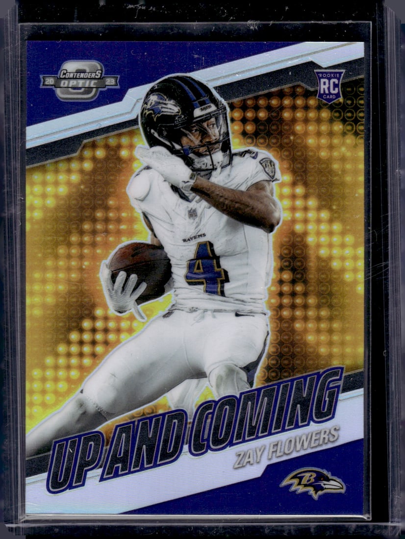 Zay Flowers Rookie Card Up and Coming Holo Prizm 2023 Contenders Optic #UC-29: Panini Select, Prizm, Mosaic, Contenders, Zenith, Phoenix, Illusions, Absolute, Rookie NFL Sports Trading Cards, SP, SSP, Cards, Football Cards for Sale Near Me, Superbowl & Hall of Fame Player Cards,