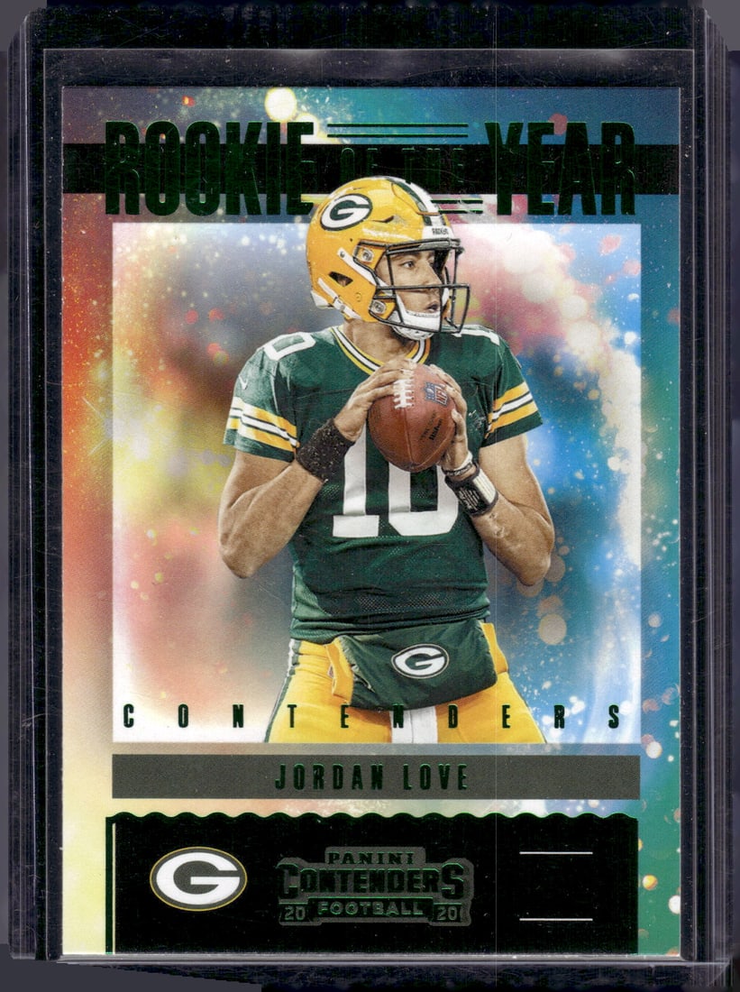 Jordan Love Rookie Card Green 2020 Panini Contenders #RY-JLO Green Bay Packers: Panini Select, Prizm, Mosaic, Contenders, Zenith, Phoenix, Illusions, Absolute, Rookie NFL Sports Trading Cards, SP, SSP, Cards, Football Cards for Sale Near Me, Superbowl & Hall of Fame Player Cards,