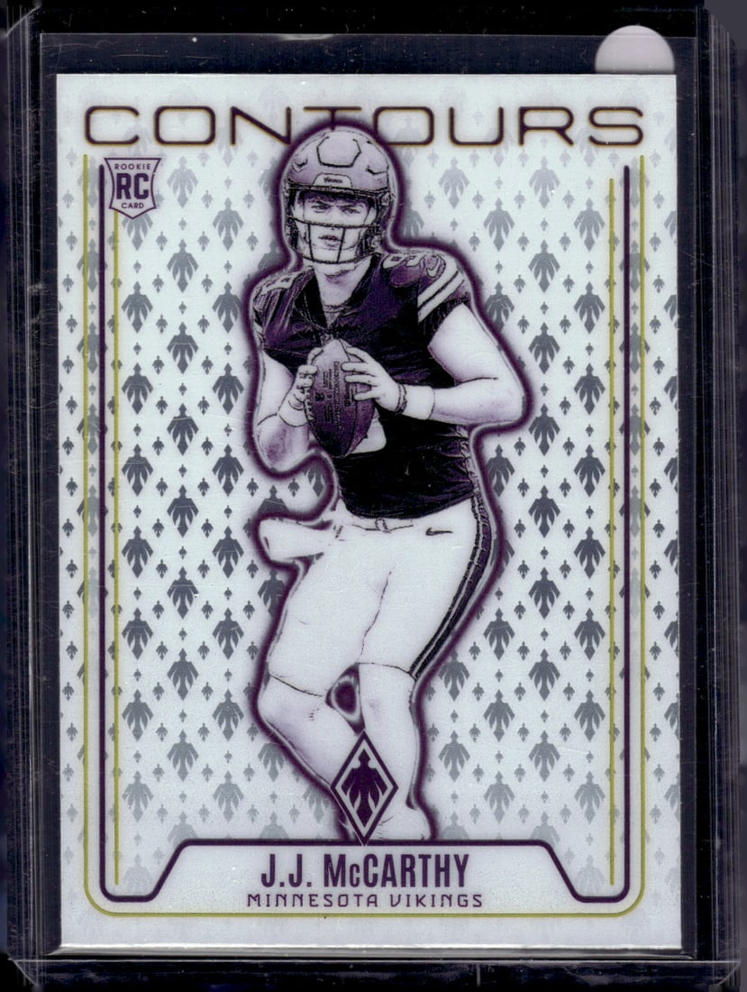 JJ McCarthy Rookie Card Contours 2024 Panini Phoenix #CON-JMY Minnesota Vikings: Panini Select, Prizm, Mosaic, Contenders, Zenith, Phoenix, Illusions, Absolute, Rookie NFL Sports Trading Cards, SP, SSP, Cards, Football Cards for Sale Near Me, Superbowl & Hall of Fame Player Cards,