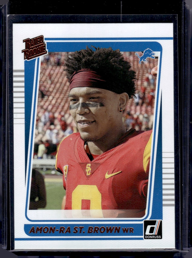 Amon-Ra St. Brown Rookie Card Portrait 2021 Panini Donruss #284 Detroit Lions: Panini Select, Prizm, Mosaic, Contenders, Zenith, Phoenix, Illusions, Absolute, Rookie NFL Sports Trading Cards, SP, SSP, Cards, Football Cards for Sale Near Me, Superbowl & Hall of Fame Player Cards,