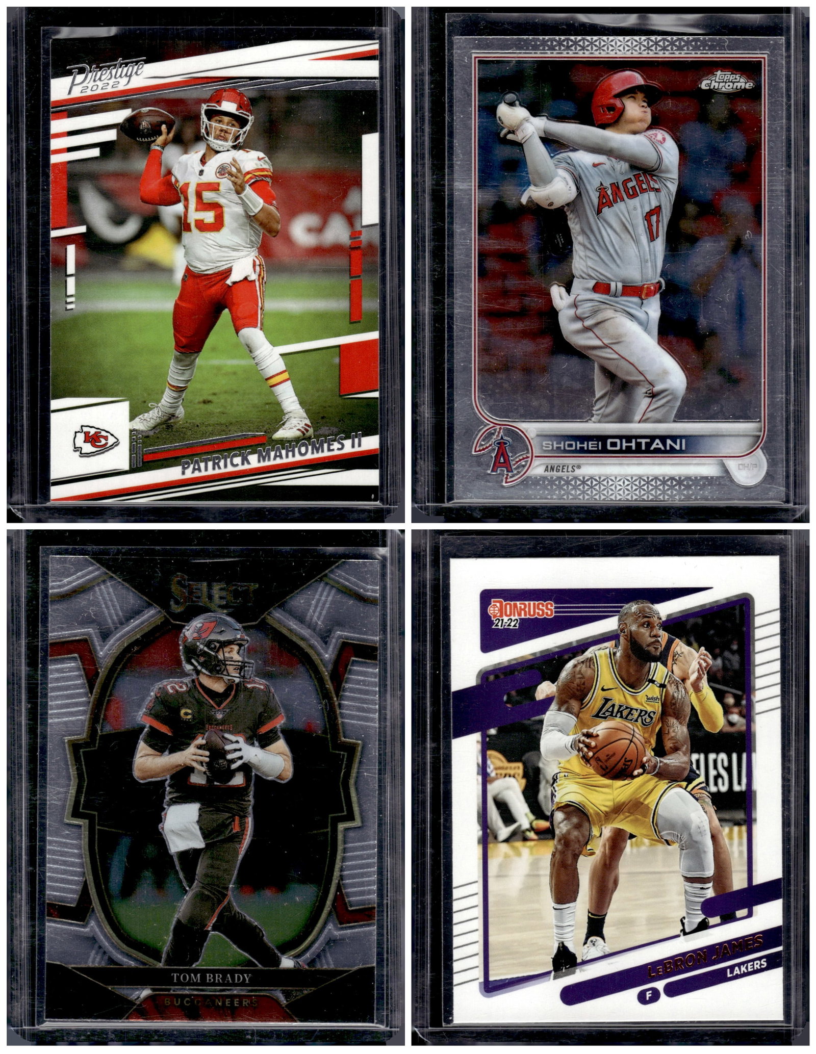 Multi Sport Lot of 4 Superstars. Mahomes, Ohtani, Brady, Lebron James: Panini Select, Prizm, Mosaic, Contenders, Zenith, Phoenix, Illusions, Absolute, Rookie NFL Sports Trading Cards, SP, SSP, Cards, Football Cards for Sale Near Me, Superbowl & Hall of Fame Player Cards,