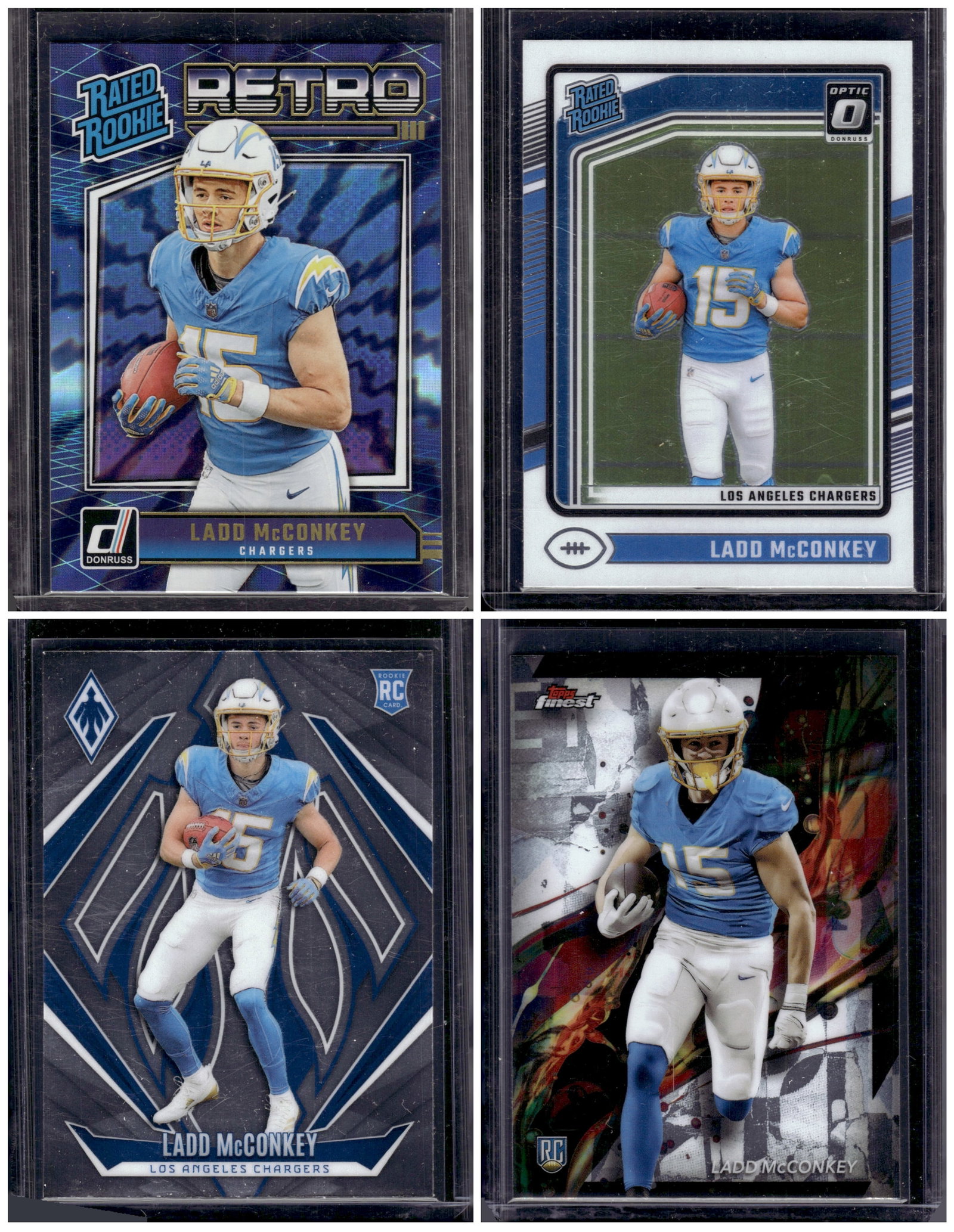 Lot of 4 Ladd McConkey Rookie Cards. Retro Series, Optic Base, Phoenix Base, Finest Base: Panini Select, Prizm, Mosaic, Contenders, Zenith, Phoenix, Illusions, Absolute, Rookie NFL Sports Trading Cards, SP, SSP, Cards, Football Cards for Sale Near Me, Superbowl & Hall of Fame Player Cards,