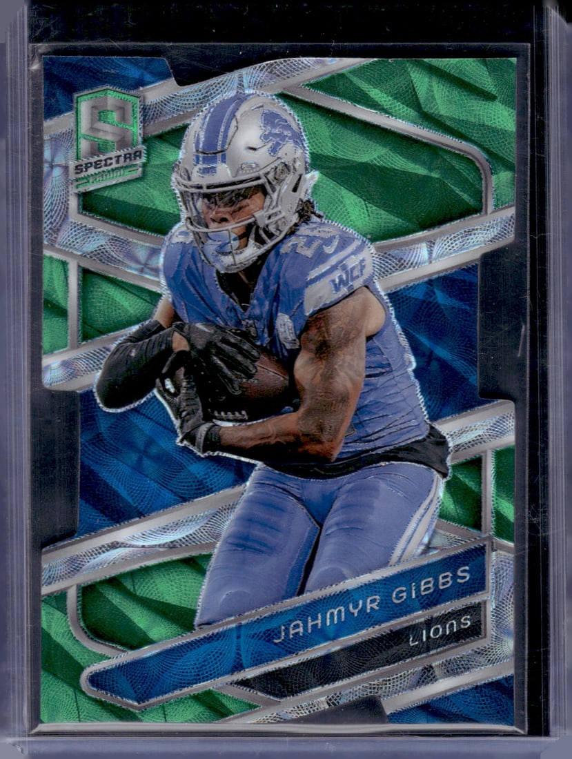 Jahmyr Gibbs Neon Green Die Cut /30 2024 Panini Spectra #38 Detroit Lions: Panini Select, Prizm, Mosaic, Contenders, Zenith, Phoenix, Illusions, Absolute, Rookie NFL Sports Trading Cards, SP, SSP, Cards, Football Cards for Sale Near Me, Superbowl & Hall of Fame Player Cards,