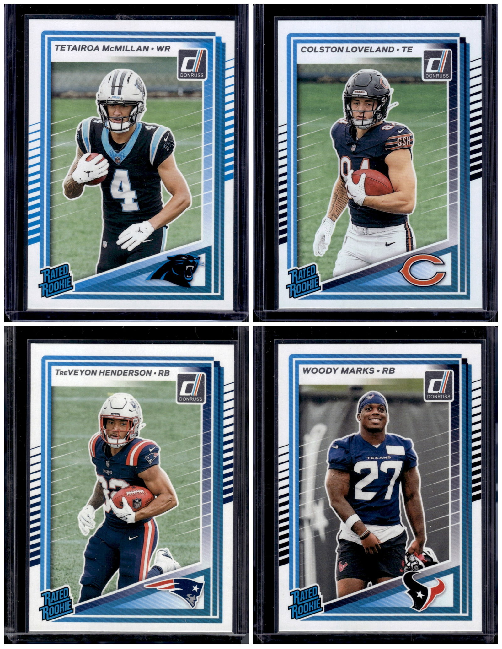 Lot of 4 2025 Panini Donruss NFL Rookie Cards. McMillan, Loveland, Henderson, Marks: Panini Select, Prizm, Mosaic, Contenders, Zenith, Phoenix, Illusions, Absolute, Rookie NFL Sports Trading Cards, SP, SSP, Cards, Football Cards for Sale Near Me, Superbowl & Hall of Fame Player Cards,