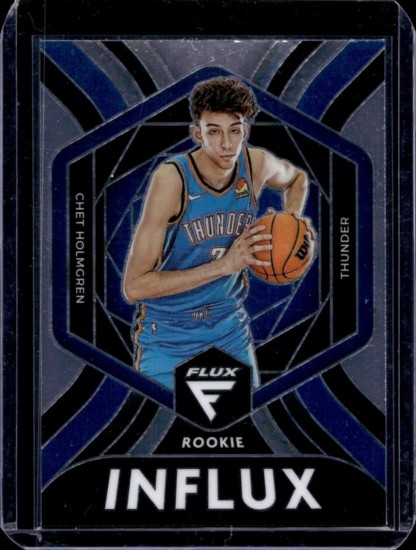 Chet Holmgren Rookie Card Influx 2022-23 Panini Flux #23 OKC Thunder: Panini Select, Prizm, Mosaic, Contenders, Revolution, Phoenix, NBA Hoops, Rookie NFL Sports Trading Cards, Silver, SP, SSP, Wave Prizms, Numbered Cards, Basketball sports Cards for Sale Near Me, NBA C