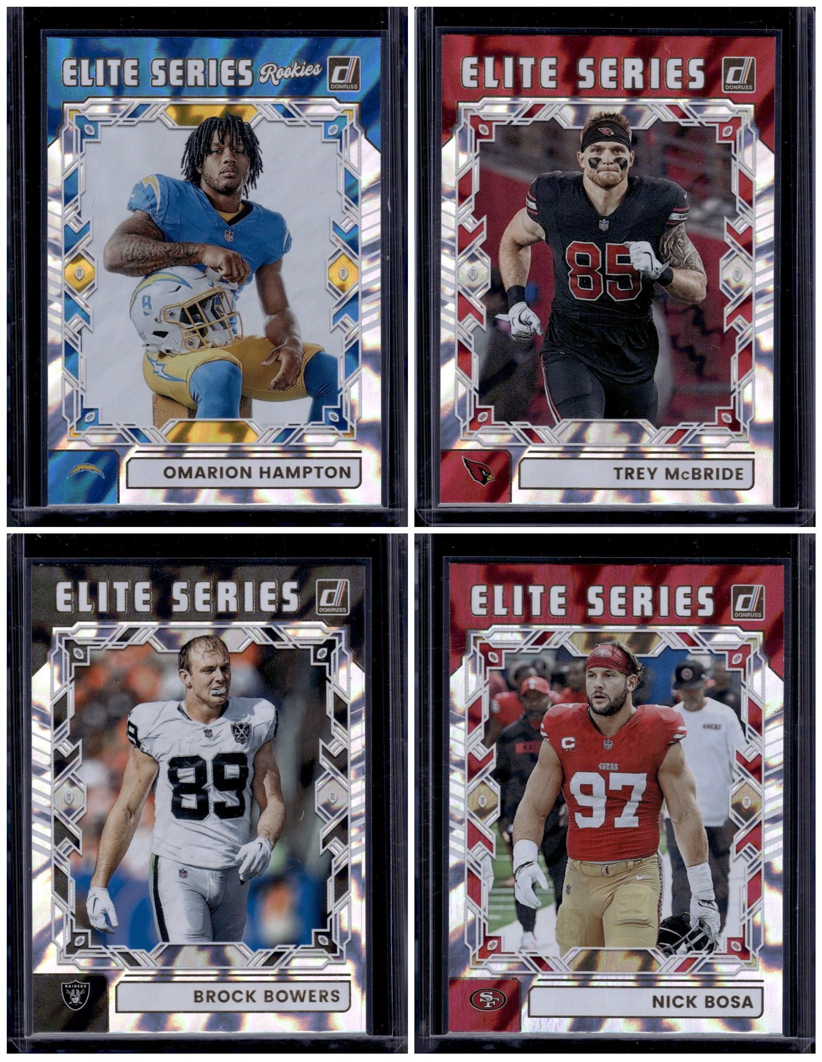 Lot of 4 2025 Donruss NFL Elite Series Inserts. Hampton RC, McBride, Bowers, Bosa (1 of 2)