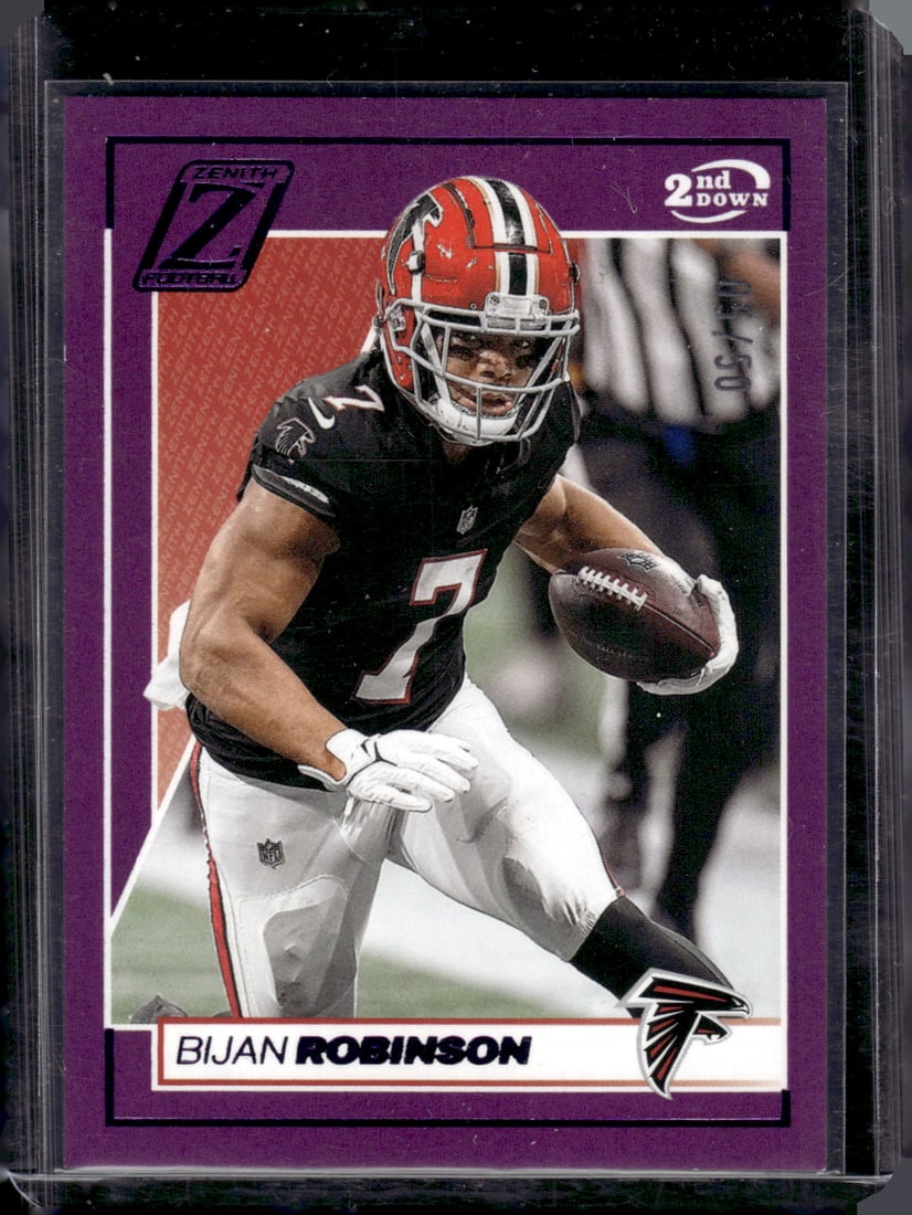 Bijan Robinson Purple /50 2024 Panini Zenith #5 Atlanta Falcons: Panini Select, Prizm, Mosaic, Contenders, Zenith, Phoenix, Illusions, Absolute, Rookie NFL Sports Trading Cards, SP, SSP, Cards, Football Cards for Sale Near Me, Superbowl & Hall of Fame Player Cards,