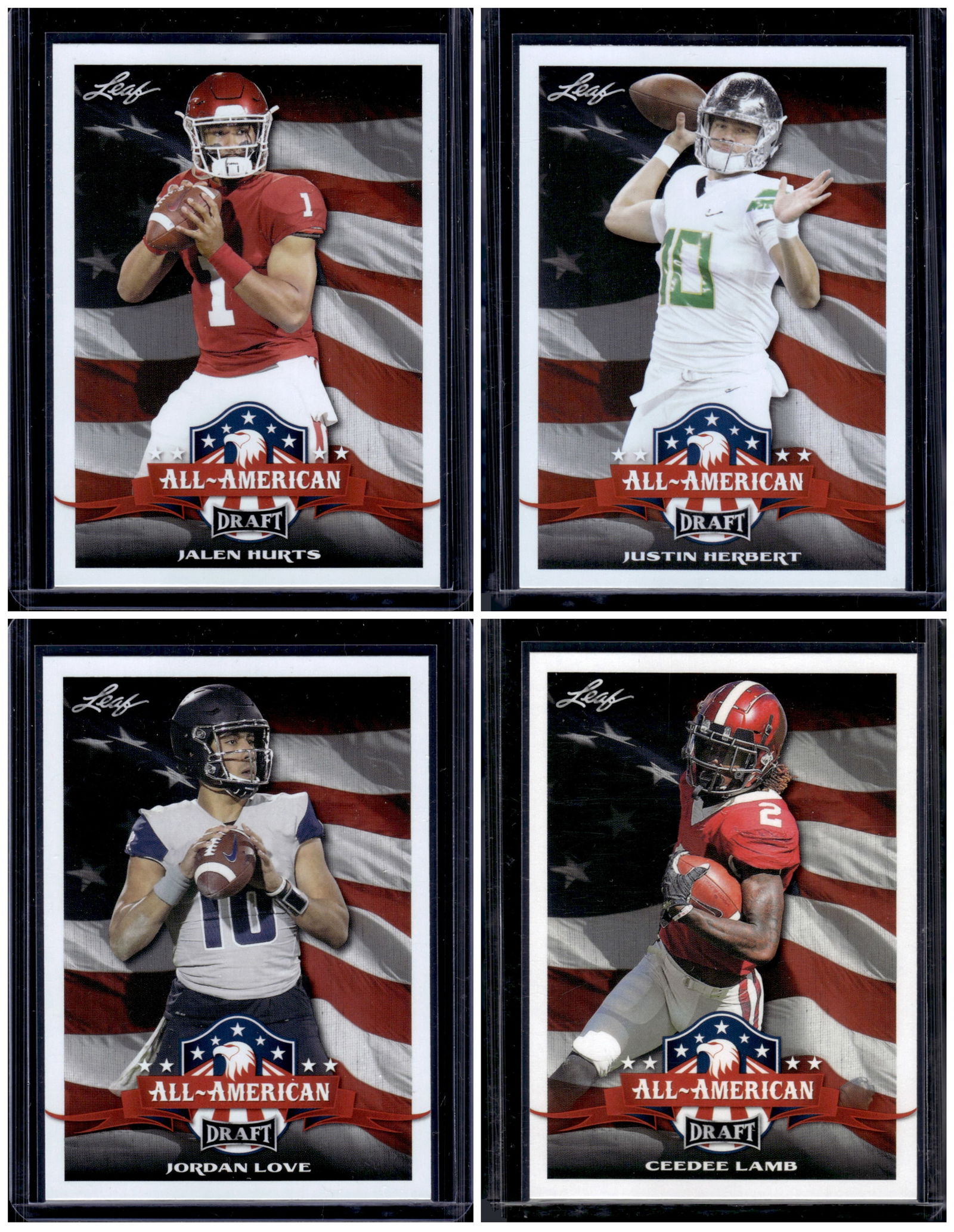 Lot of 4 2020 Leaf Draft All-American Rookie Cards. Hurts, Herbert, Love, Lamb: Leaf, Vintage Football NFL Trading Cards, Old Sports Cards for Sale Near Me, Hall of Fame & Super Bowl Player Cards, Auction Memorabilia Lots for Sale on Line