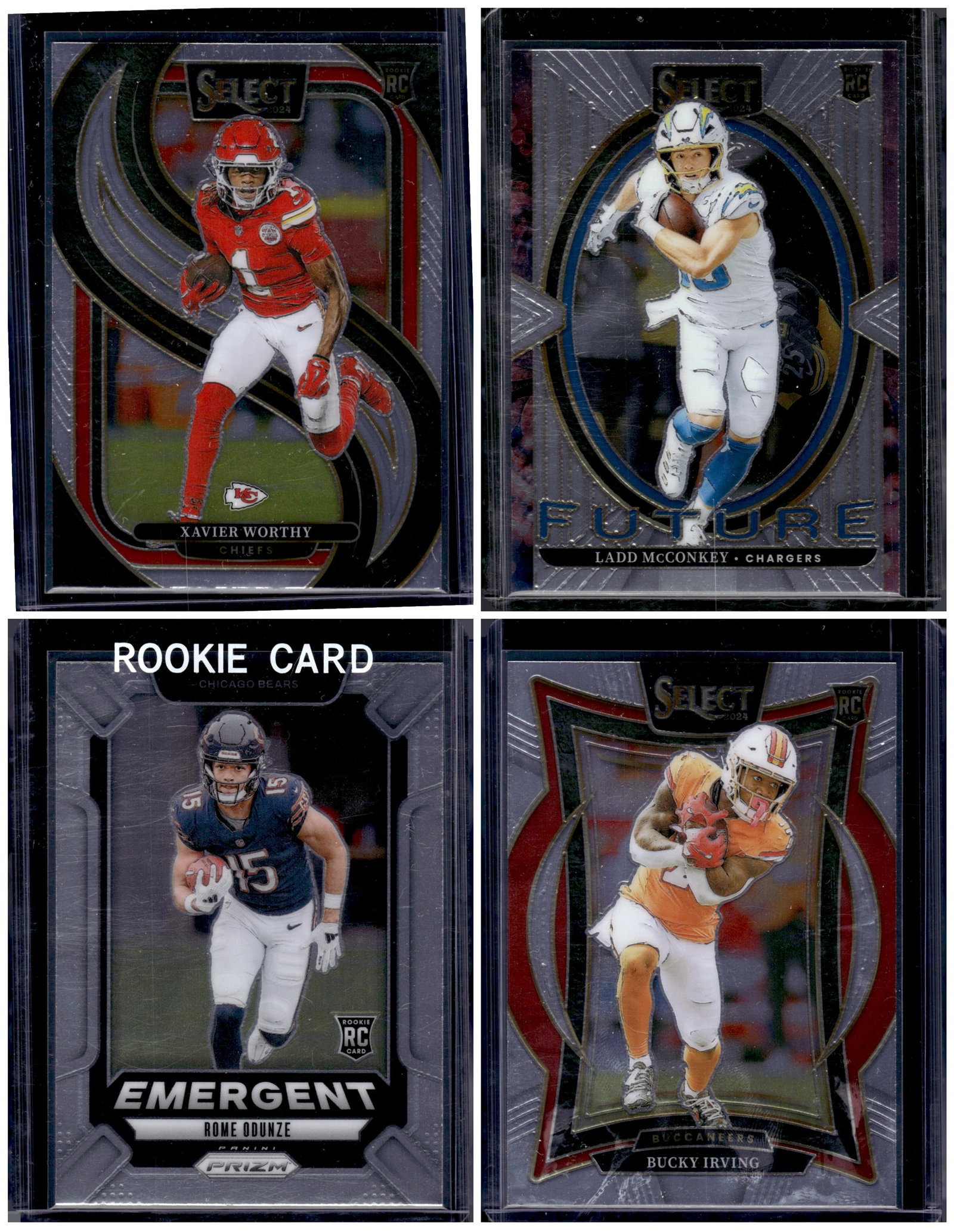 Lot of 4 2024 Panini NFL Select & Prizm Rookies. Worthy, McConkey, Oduzne, Irving: Panini Select, Prizm, Mosaic, Contenders, Zenith, Phoenix, Illusions, Absolute, Rookie NFL Sports Trading Cards, SP, SSP, Cards, Football Cards for Sale Near Me, Superbowl & Hall of Fame Player Cards,