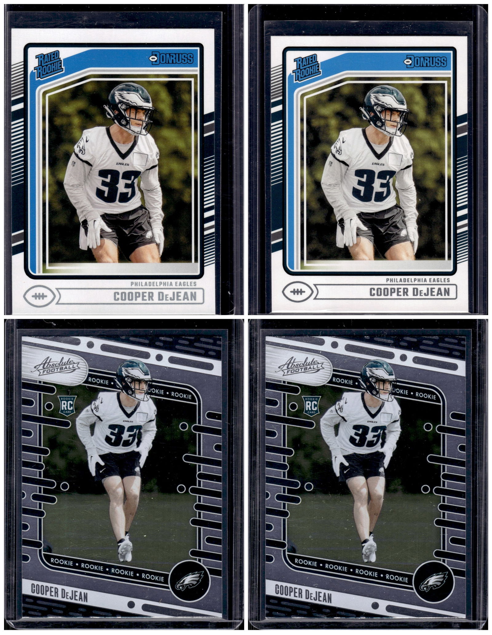 Lot of 4 Cooper DeJean Rookie Cards. 2 Donruss & 2 Absolute. Philadelphia Eagles: Panini Select, Prizm, Mosaic, Contenders, Zenith, Phoenix, Illusions, Absolute, Rookie NFL Sports Trading Cards, SP, SSP, Cards, Football Cards for Sale Near Me, Superbowl & Hall of Fame Player Cards,