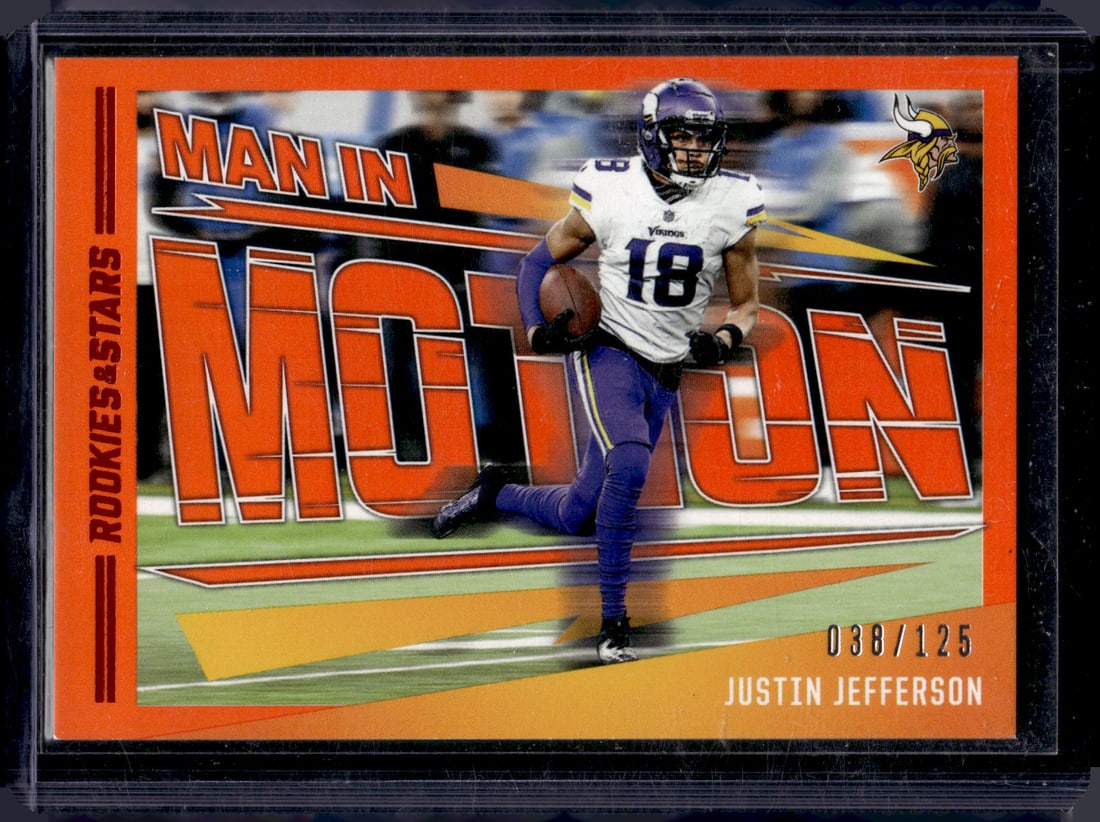 Justin Jefferson Man in Motion Orange /125 2023 Rookies & Stars #MM-21 Vikings: Panini Select, Prizm, Mosaic, Contenders, Zenith, Phoenix, Illusions, Absolute, Rookie NFL Sports Trading Cards, SP, SSP, Cards, Football Cards for Sale Near Me, Superbowl & Hall of Fame Player Cards,