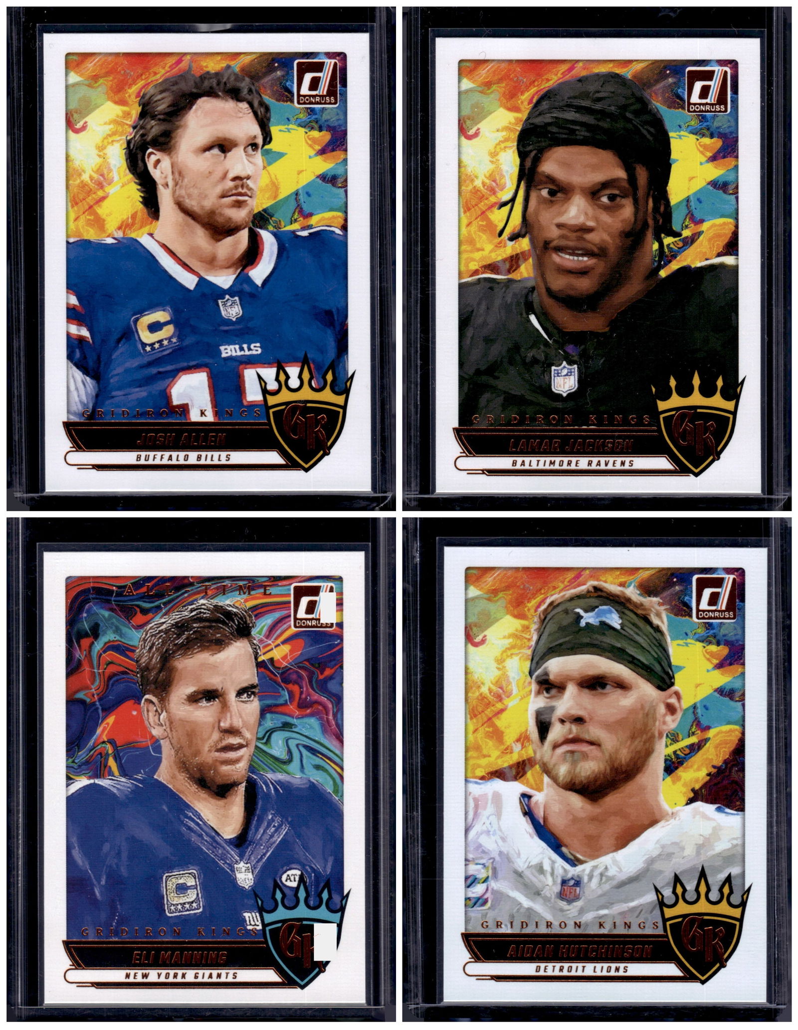 Lot of 4 2025 Donruss NFL Gridiron Kings Inserts. Josh Allen, Lamar Jackson, Eli Manning (1 of 2)