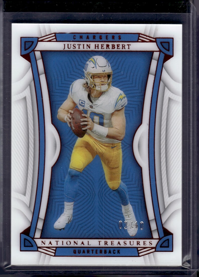 Justin Herbert /10 2022 Panini National Treasures #41 Los Angeles Chargers: Panini Select, Prizm, Mosaic, Contenders, Zenith, Phoenix, Illusions, Absolute, Rookie NFL Sports Trading Cards, SP, SSP, Cards, Football Cards for Sale Near Me, Superbowl & Hall of Fame Player Cards,