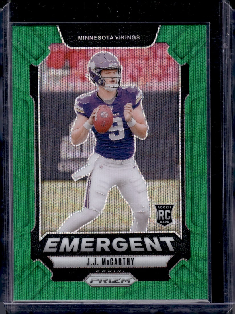 JJ McCarthy Rookie Card Emergent Green Wave 2024 Panini Prizm #19 Minnesota Vikings: Panini Select, Prizm, Mosaic, Contenders, Zenith, Phoenix, Illusions, Absolute, Rookie NFL Sports Trading Cards, SP, SSP, Cards, Football Cards for Sale Near Me, Superbowl & Hall of Fame Player Cards,