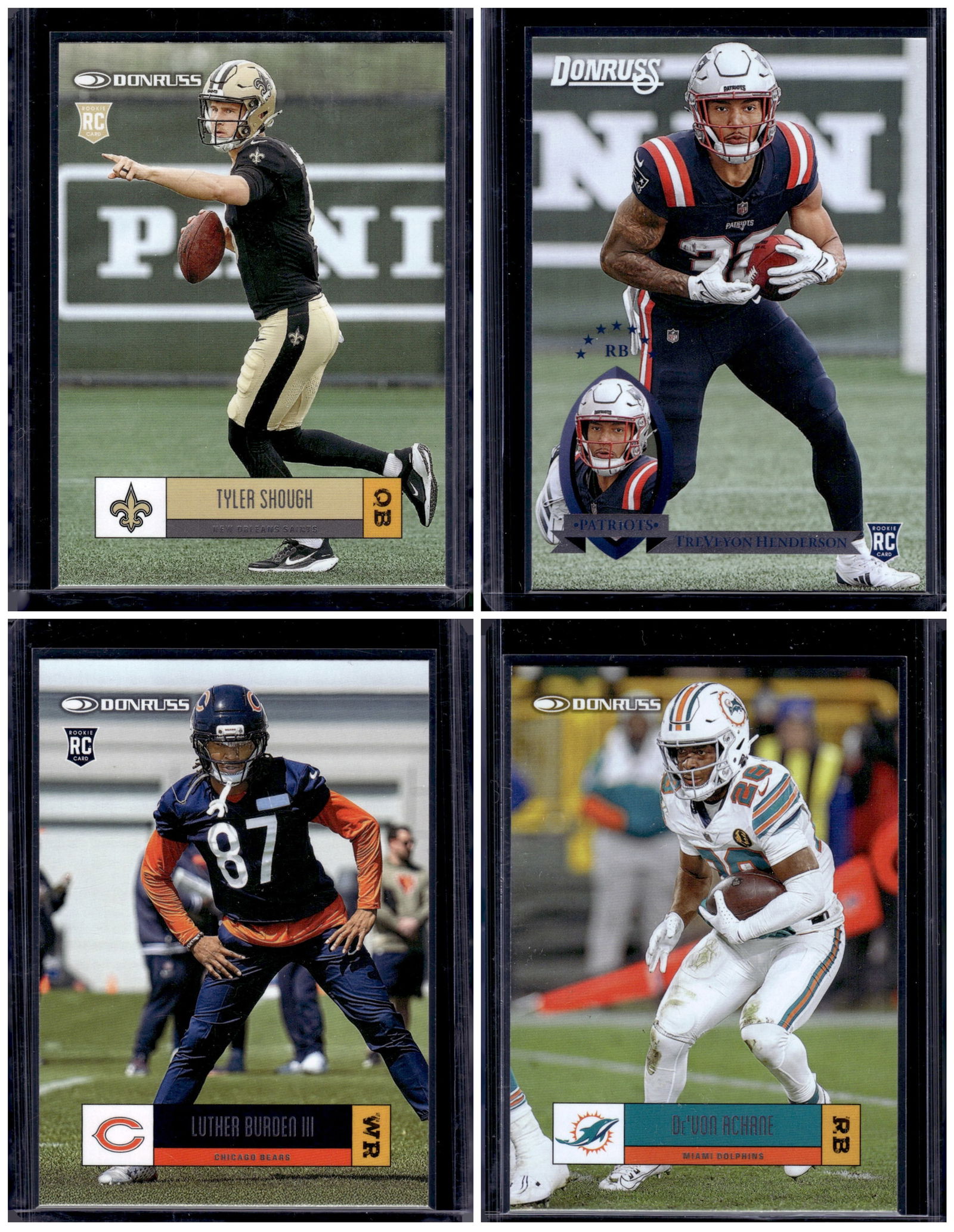 Lot of 4 2025 Donruss NFL Retro Inserts. Shough RC, Henderson RC, Burden RC, Achane (1 of 2)