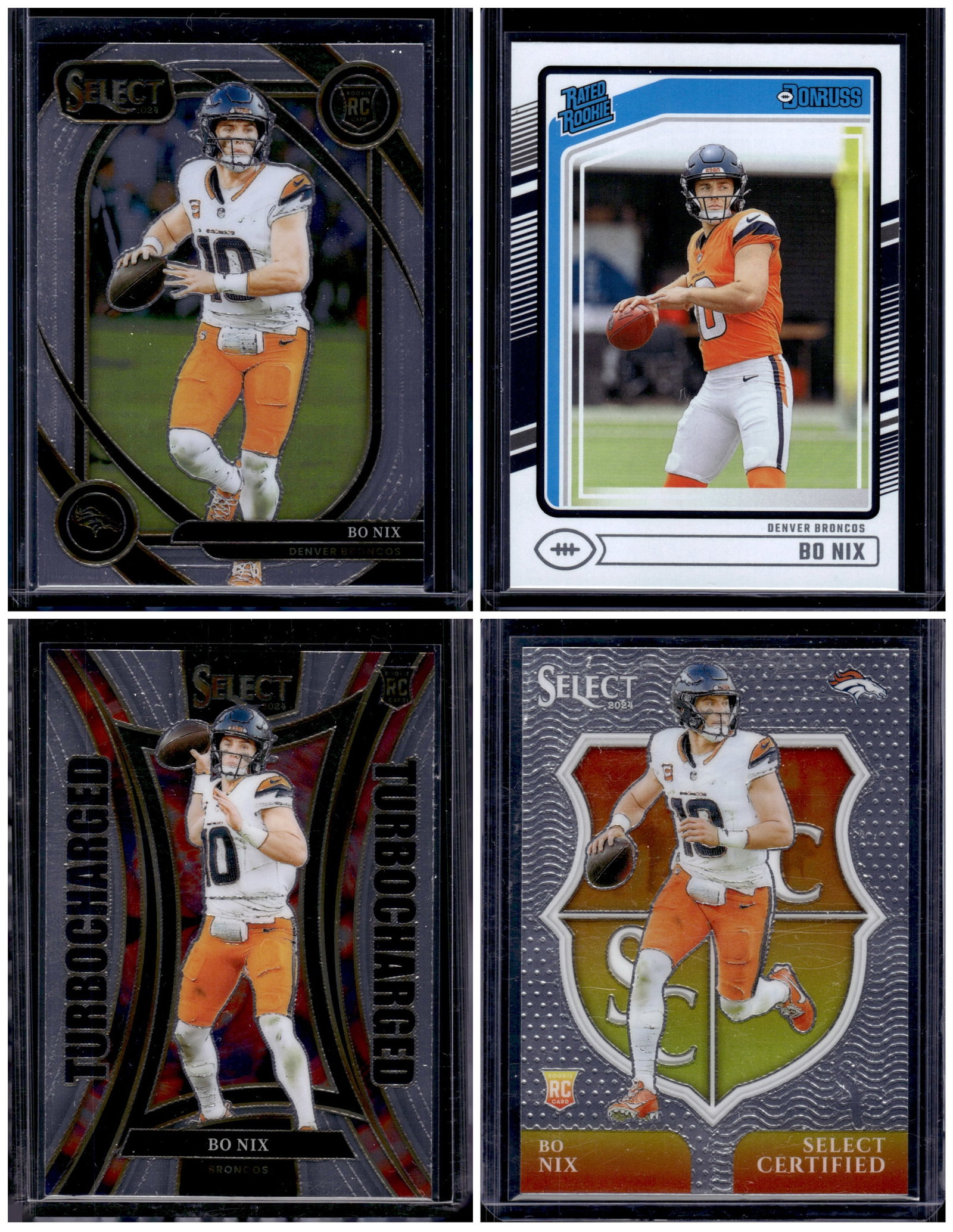 Lot of 4 Bo Nix Rookie Cards. All Panini, All Different, See Pictures: Panini Select, Prizm, Mosaic, Contenders, Zenith, Phoenix, Illusions, Absolute, Rookie NFL Sports Trading Cards, SP, SSP, Cards, Football Cards for Sale Near Me, Superbowl & Hall of Fame Player Cards,