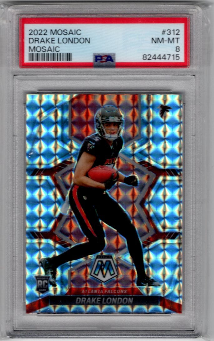 Drake London Rookie Card Silver Mosaic 2022 Mosaic #312 PSA 8 Atlanta Falcons: Panini Select, Prizm, Mosaic, Contenders, Zenith, Phoenix, Illusions, Absolute, Rookie NFL Sports Trading Cards, SP, SSP, Cards, Football Cards for Sale Near Me, Superbowl & Hall of Fame Player Cards,