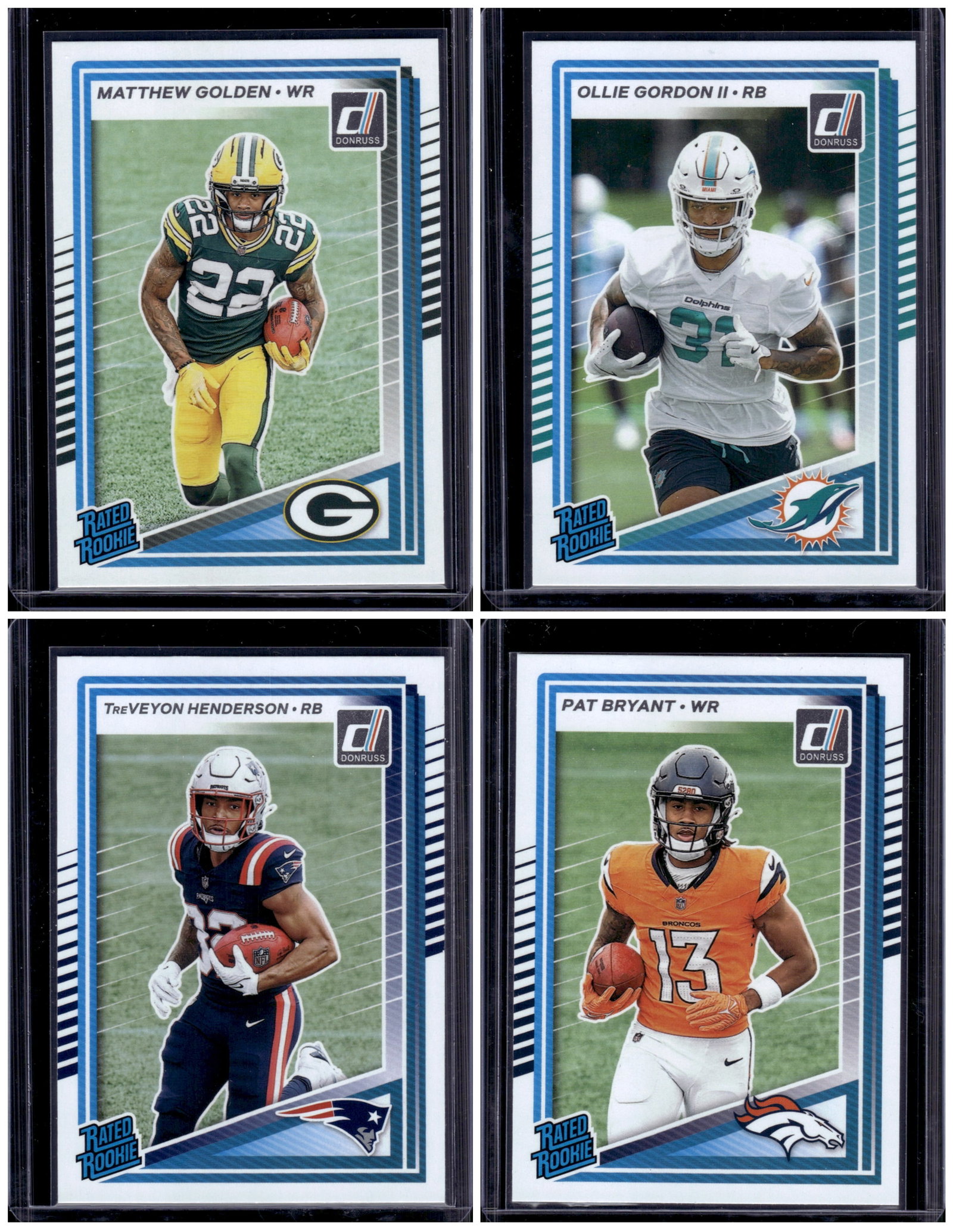 Lot of 4 2025 Donruss NFL Rated Rookies. Golden, Gordon, Henderson, Bryant: Panini Select, Prizm, Mosaic, Contenders, Zenith, Phoenix, Illusions, Absolute, Rookie NFL Sports Trading Cards, SP, SSP, Cards, Football Cards for Sale Near Me, Superbowl & Hall of Fame Player Cards,
