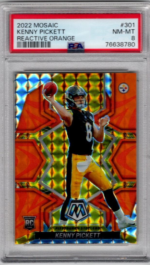 Kenny Pickett Rookie Card Reactive Orange 2022 Mosaic #301 PSA 8: Panini Select, Prizm, Mosaic, Contenders, Zenith, Phoenix, Illusions, Absolute, Rookie NFL Sports Trading Cards, SP, SSP, Cards, Football Cards for Sale Near Me, Superbowl & Hall of Fame Player Cards,