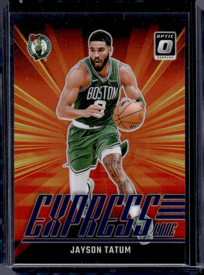 Jayson Tatum Express Lane Purple Prizm 2024-25 Donruss Optic #9 Boston Celitcs (1 of 2)