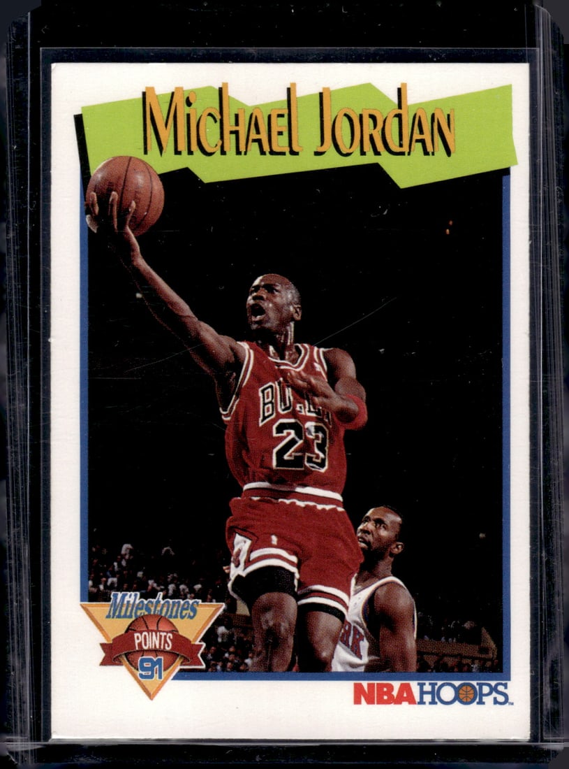 Michael Jordan Milestones 1991-92 NBA Hoops #317 Chicago Bulls: Panini Select, Prizm, Mosaic, Contenders, Revolution, Phoenix, NBA Hoops, Rookie NFL Sports Trading Cards, Silver, SP, SSP, Wave Prizms, Numbered Cards, Basketball sports Cards for Sale Near Me, NBA C