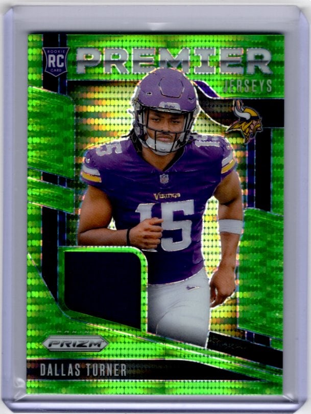 Dallas Turner Neon Green Pulsar Rookie Patch 2024 Panini Prizm #PJ-DTR Minnesota Vikings: Panini Select, Prizm, Mosaic, Contenders, Zenith, Phoenix, Illusions, Absolute, Rookie NFL Sports Trading Cards, SP, SSP, Cards, Football Cards for Sale Near Me, Superbowl & Hall of Fame Player Cards,