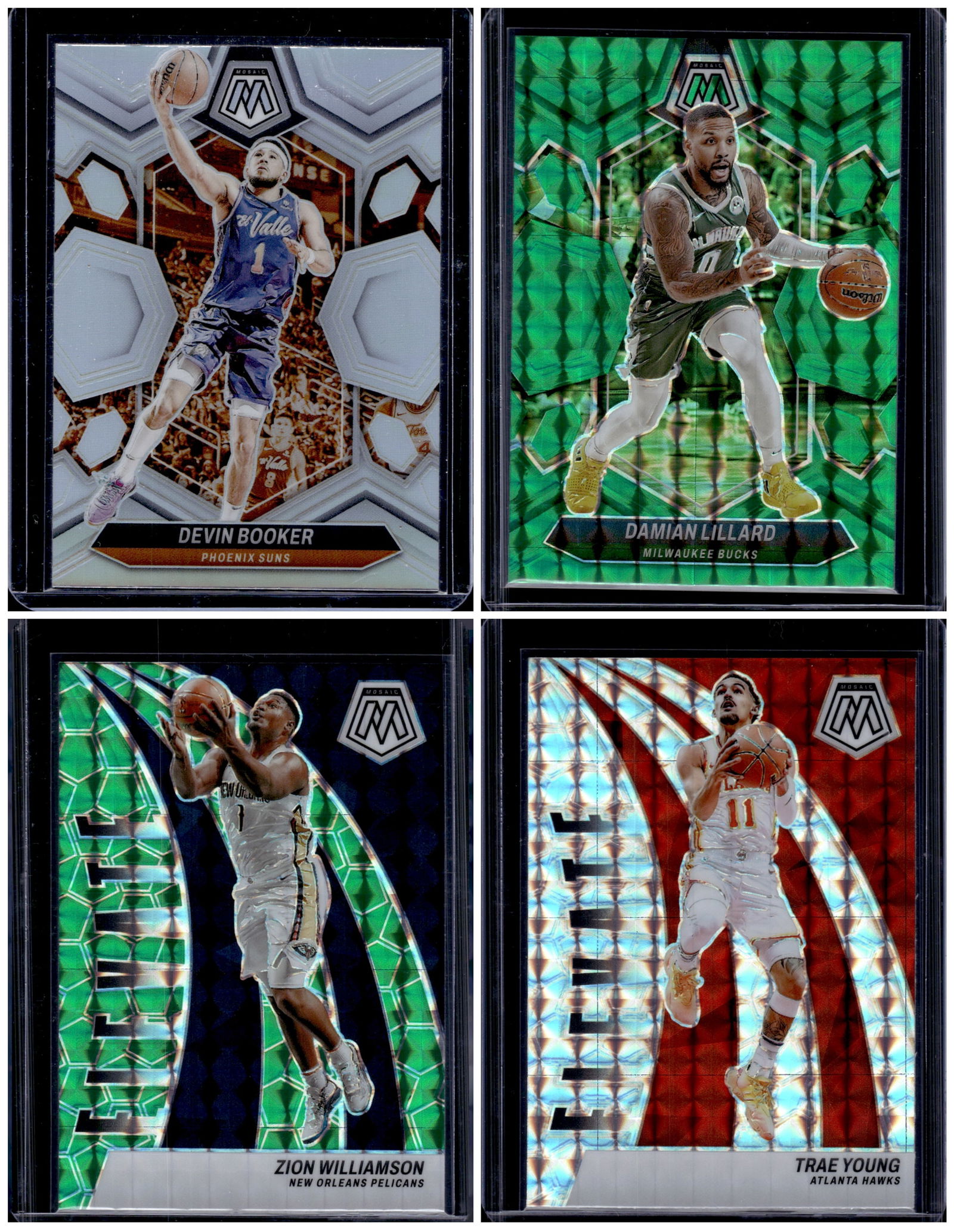 Lot of 4 2023-24 Mosaic NBA Mosaic Prizms & Silvers. Booker, Lillard, Zion, Trae Young (1 of 2)