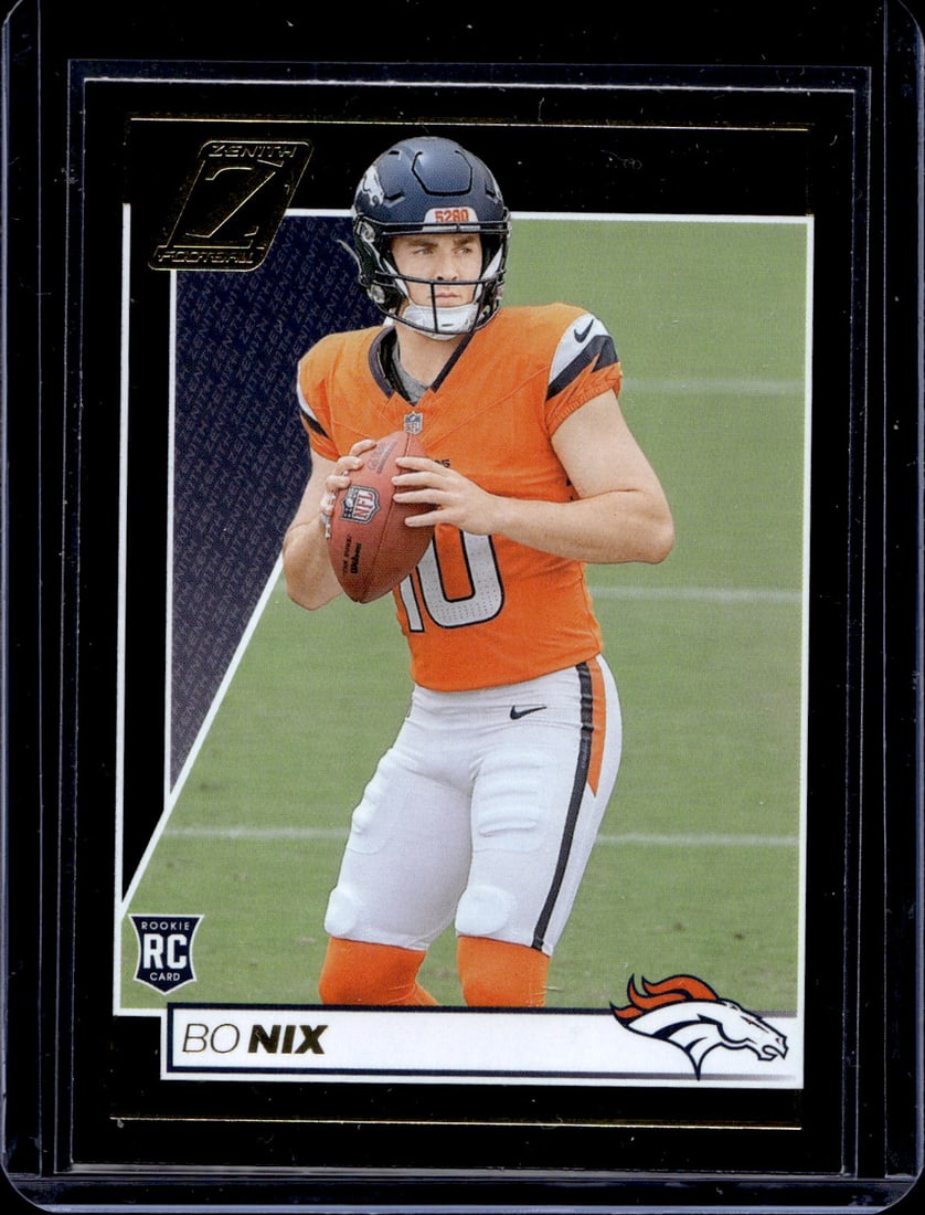 Bo Nix Rookie Card 2024 Panini Zenith #109 Denver Broncos: Panini Select, Prizm, Mosaic, Contenders, Zenith, Phoenix, Illusions, Absolute, Rookie NFL Sports Trading Cards, SP, SSP, Cards, Football Cards for Sale Near Me, Superbowl & Hall of Fame Player Cards,