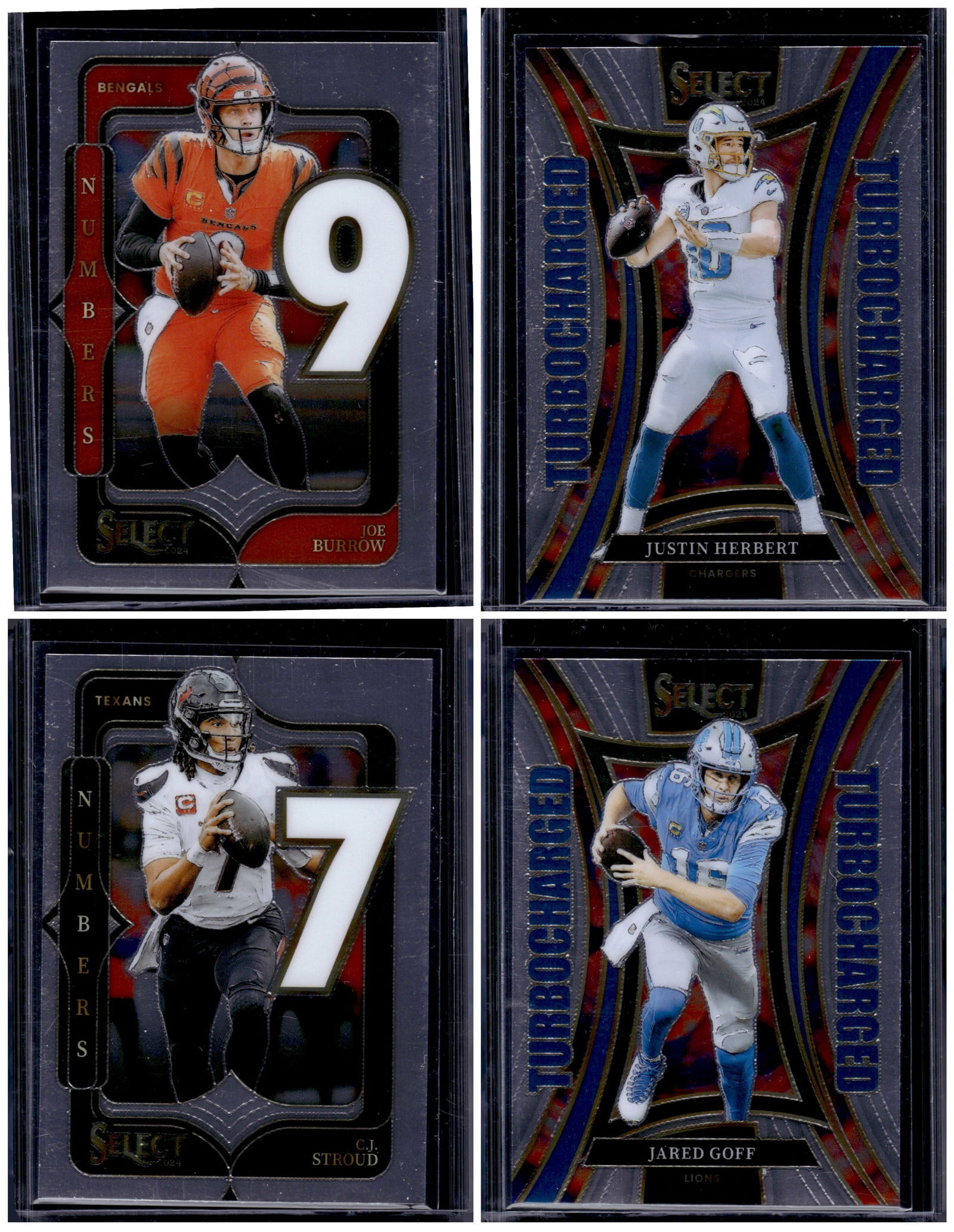 Lot of 4 2024 Select NFL Inserts. Burrow, Herbert, Stroud, Goff (1 of 2)